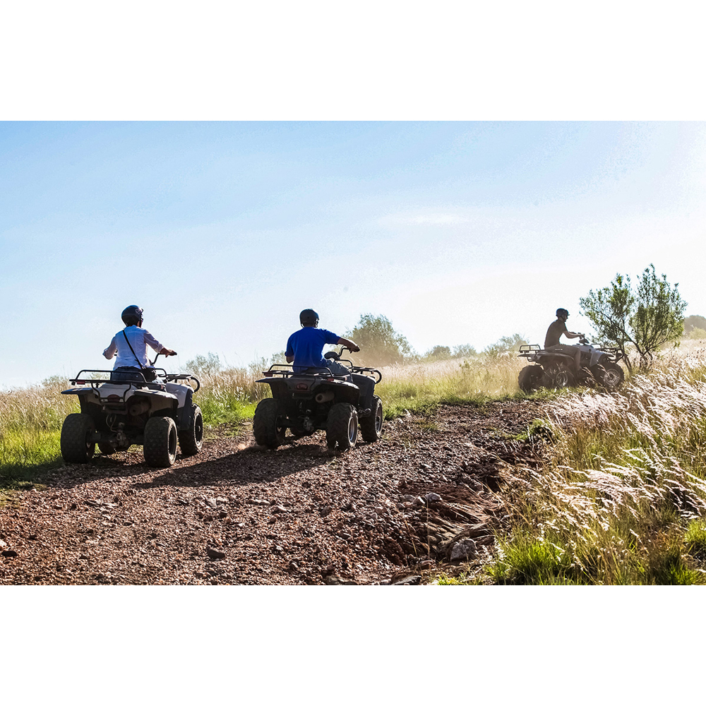 Drei Personen fahren mit Quads auf einem steinigen Feldweg unter blauem Himmel.
