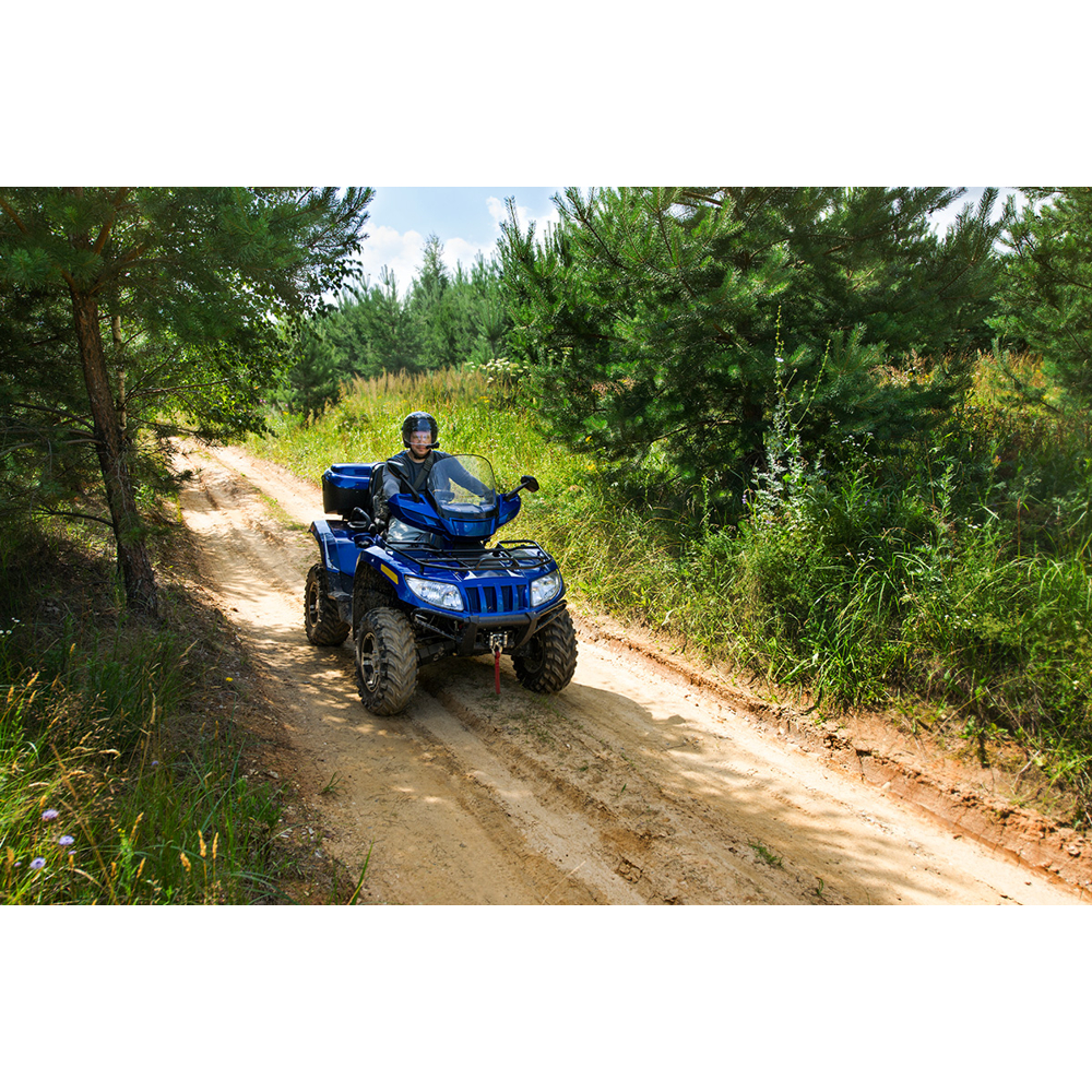 Ein Fahrer mit Helm auf einem blauen Quad fährt auf einem sandigen Waldweg zwischen Bäumen und hohem Gras.