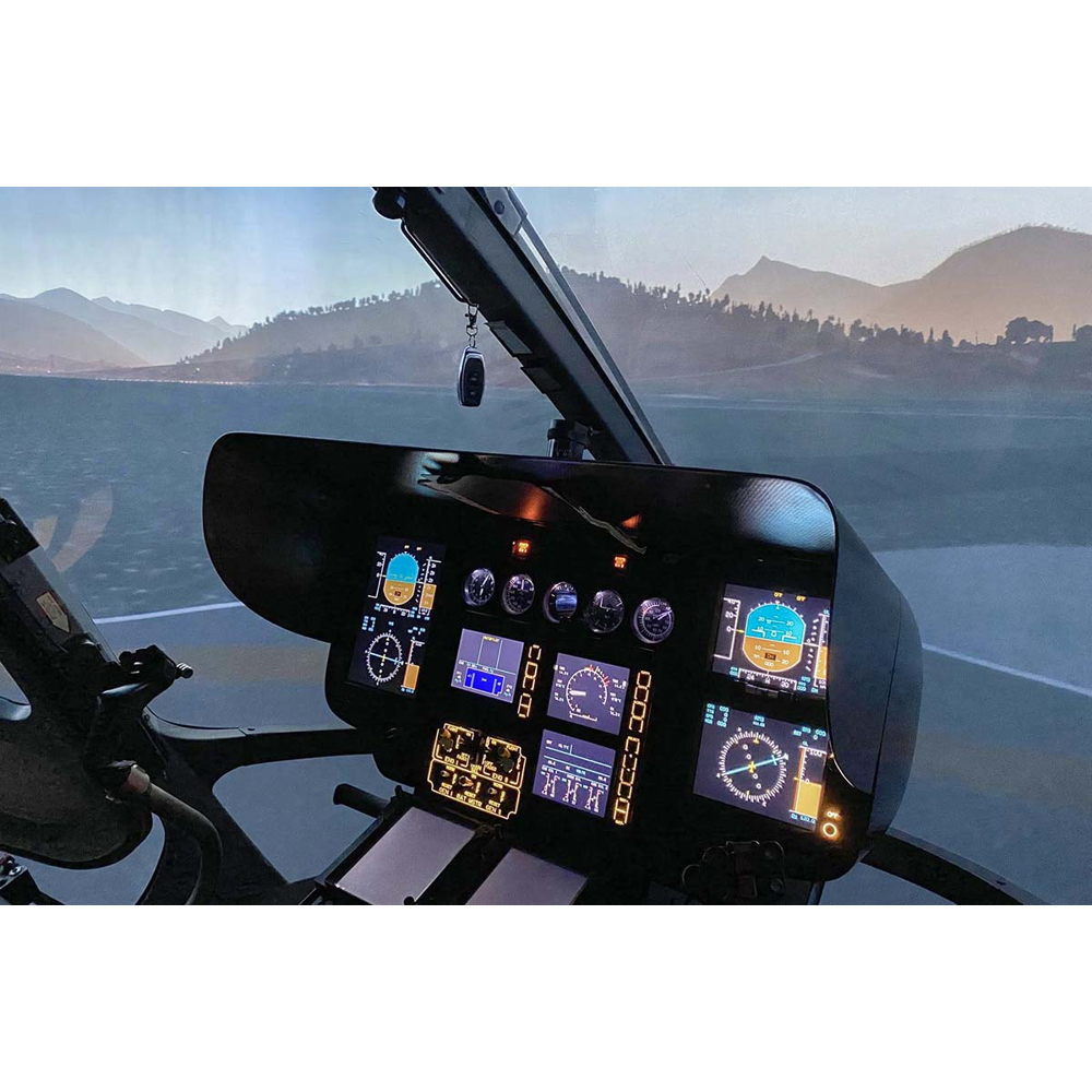 Hubschraubercockpit mit digitalen Instrumenten, Flugsteuerung und einer malerischen Landschaft durch die Windschutzscheibe.