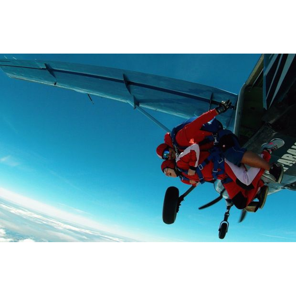 Zwei Fallschirmspringer springen aus einem blauen Flugzeug, umgeben von klarem blauem Himmel und Wolken.