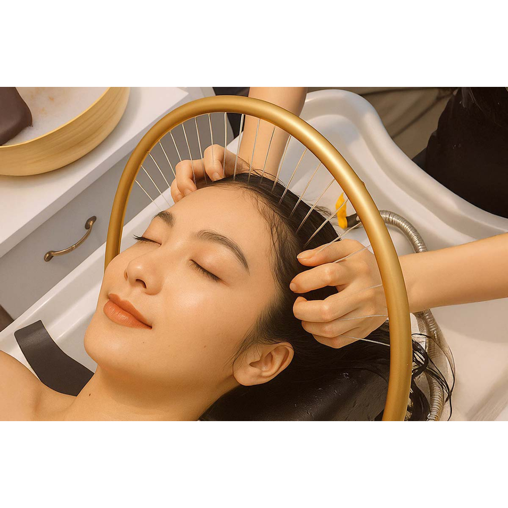 Eine Frau erhält eine Kopfmassage mit einem goldenen Ringwerkzeug an einem Waschbecken.