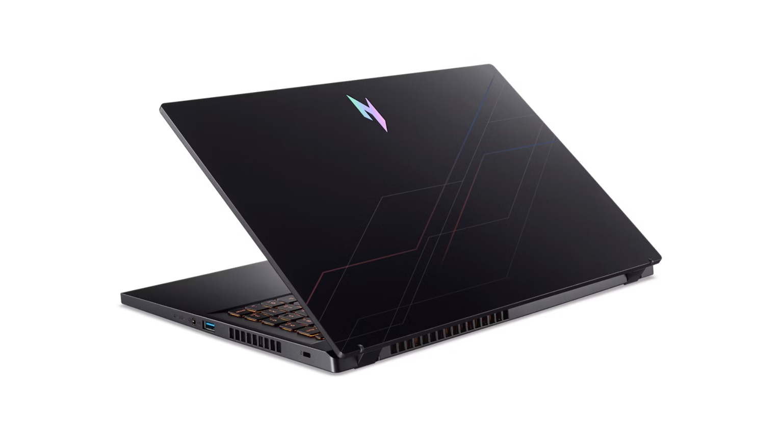 Un laptop da gioco nero con logo illuminato sul coperchio e linee geometriche, inclinato su sfondo bianco.