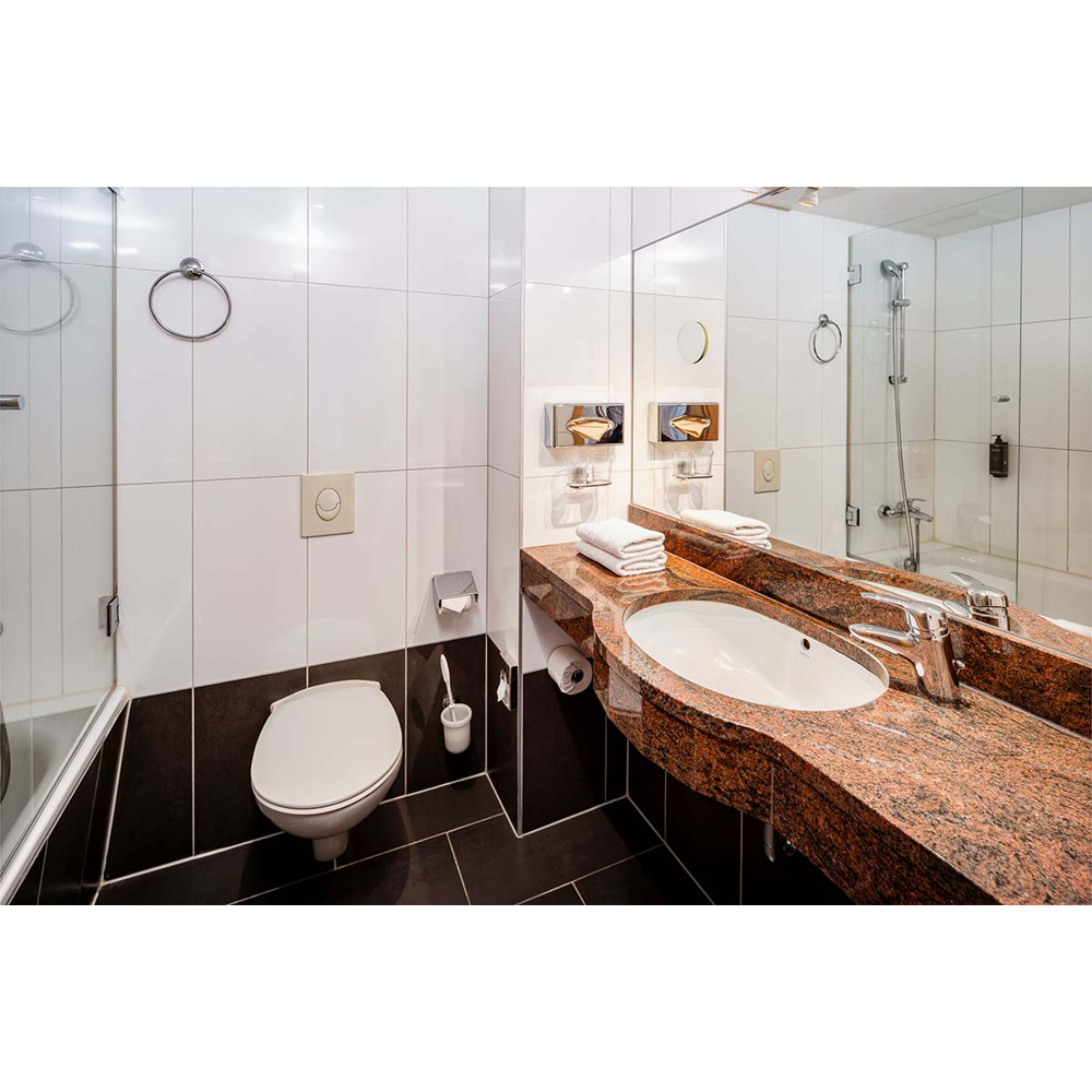 Ein modernes Badezimmer mit weißen und dunklen Fliesen, Granitwaschbecken und WC neben Glasdusche.