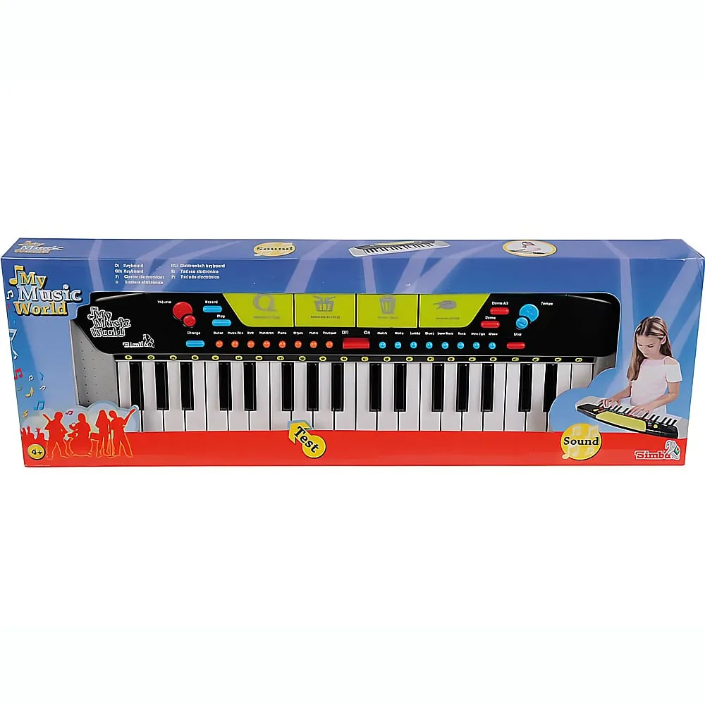 Ein Spielzeugkeyboard in einer blauen Schachtel mit schwarz-weißen Tasten und bunten Knöpfen.