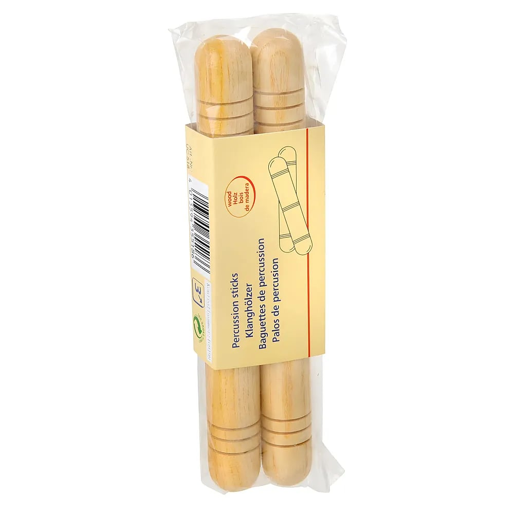 Zwei Holzschlaghölzer in Plastikverpackung mit einem beigen Etikett mit Text und Strichcode.