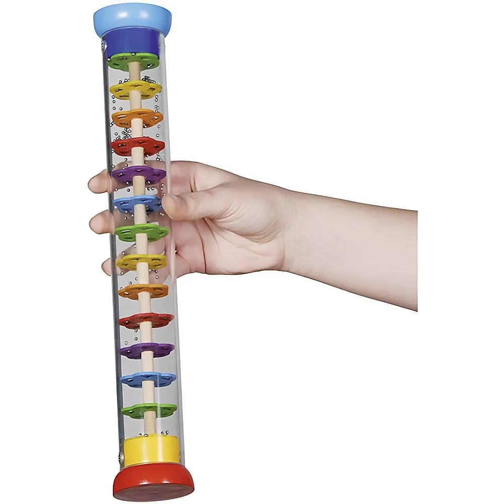 Una mano sostiene un bastone della pioggia trasparente con dischi colorati.
