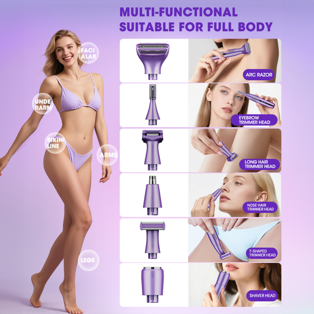 Eine Frau im lila Bikini steht neben Tafeln, die einen multifunktionalen lila Haartrimmer mit sechs Aufsätzen zeigen.