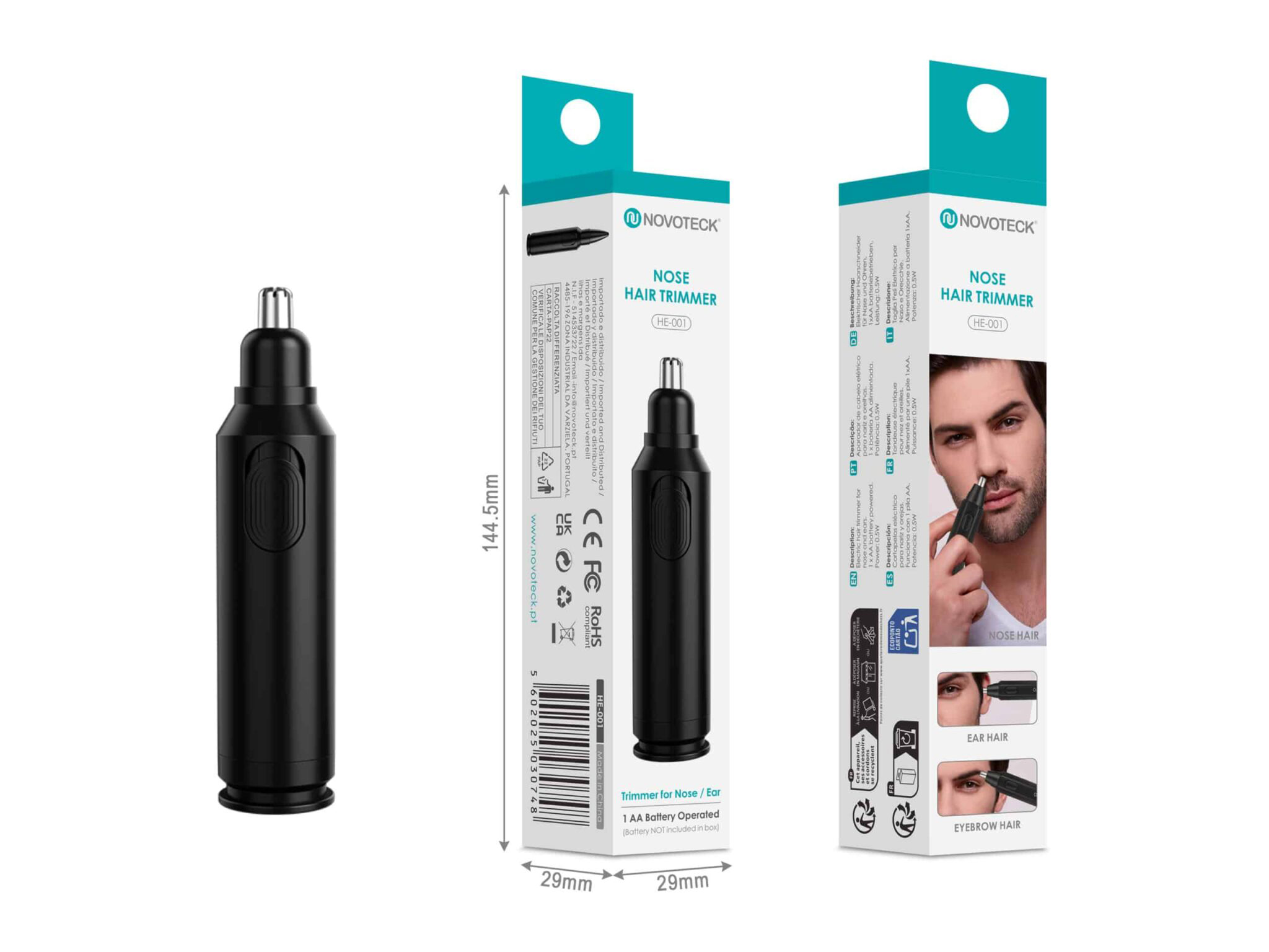Trimmer per peli del naso nero accanto alla sua confezione e dimensioni.