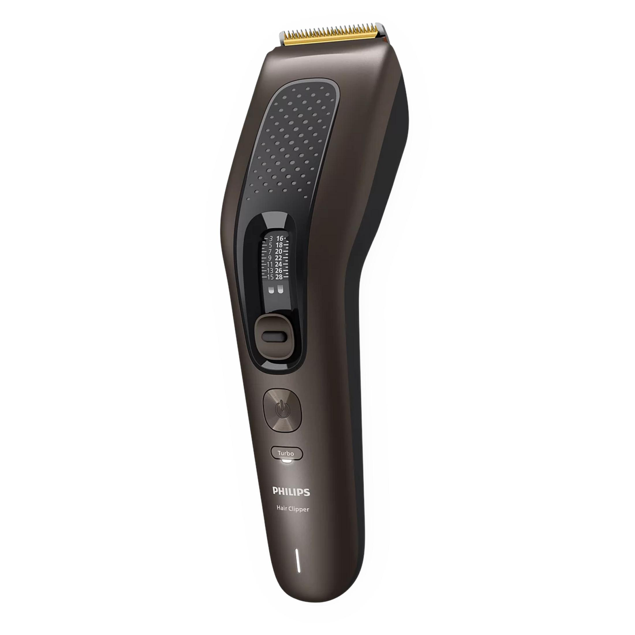 Tagliacapelli Philips marrone scuro con controllo digitale della lunghezza, tasto turbo e lama dorata su sfondo bianco.