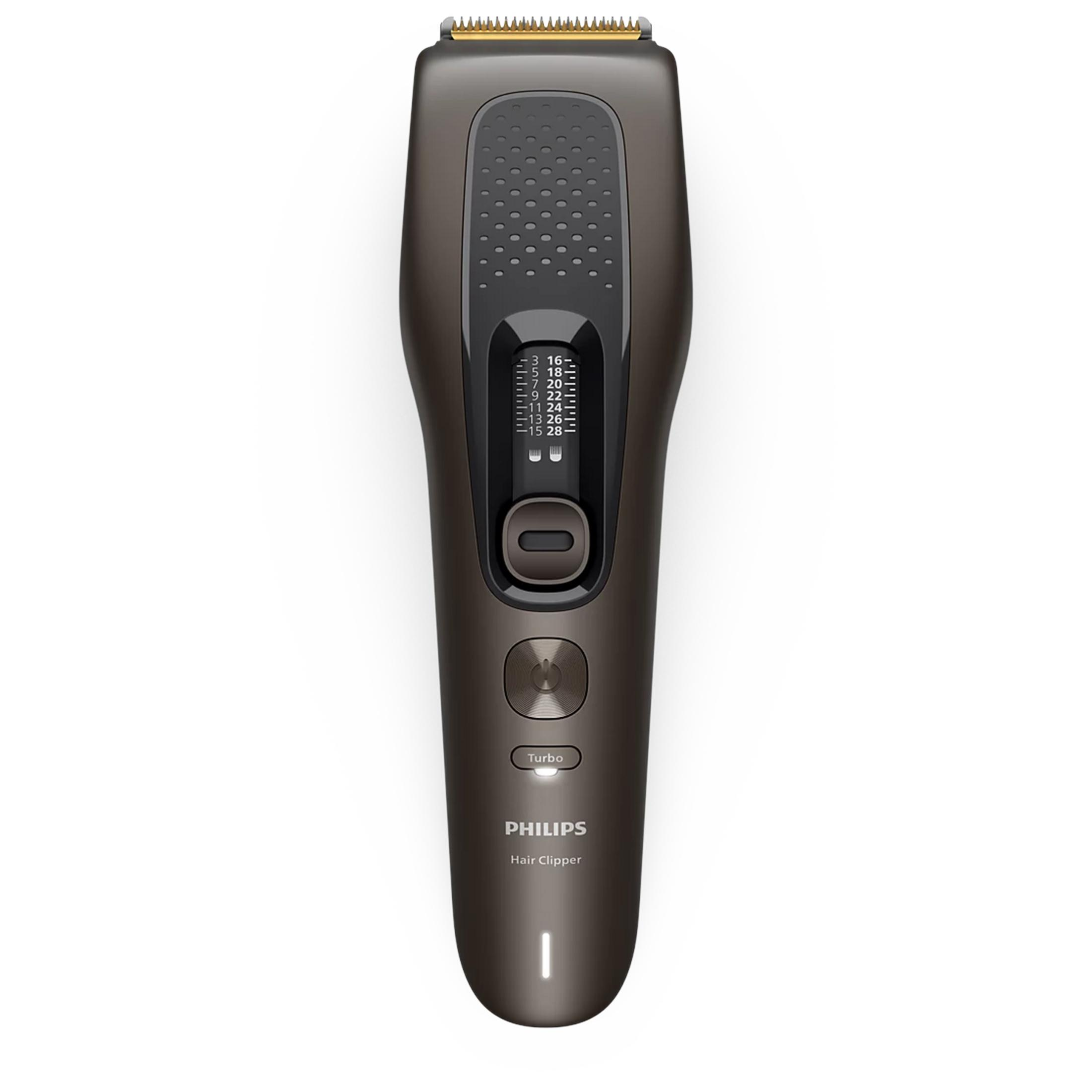 Tagliacapelli Philips marrone scuro con regolazione della lunghezza a zoom, pulsante di accensione e modalità turbo su sfondo bianco.