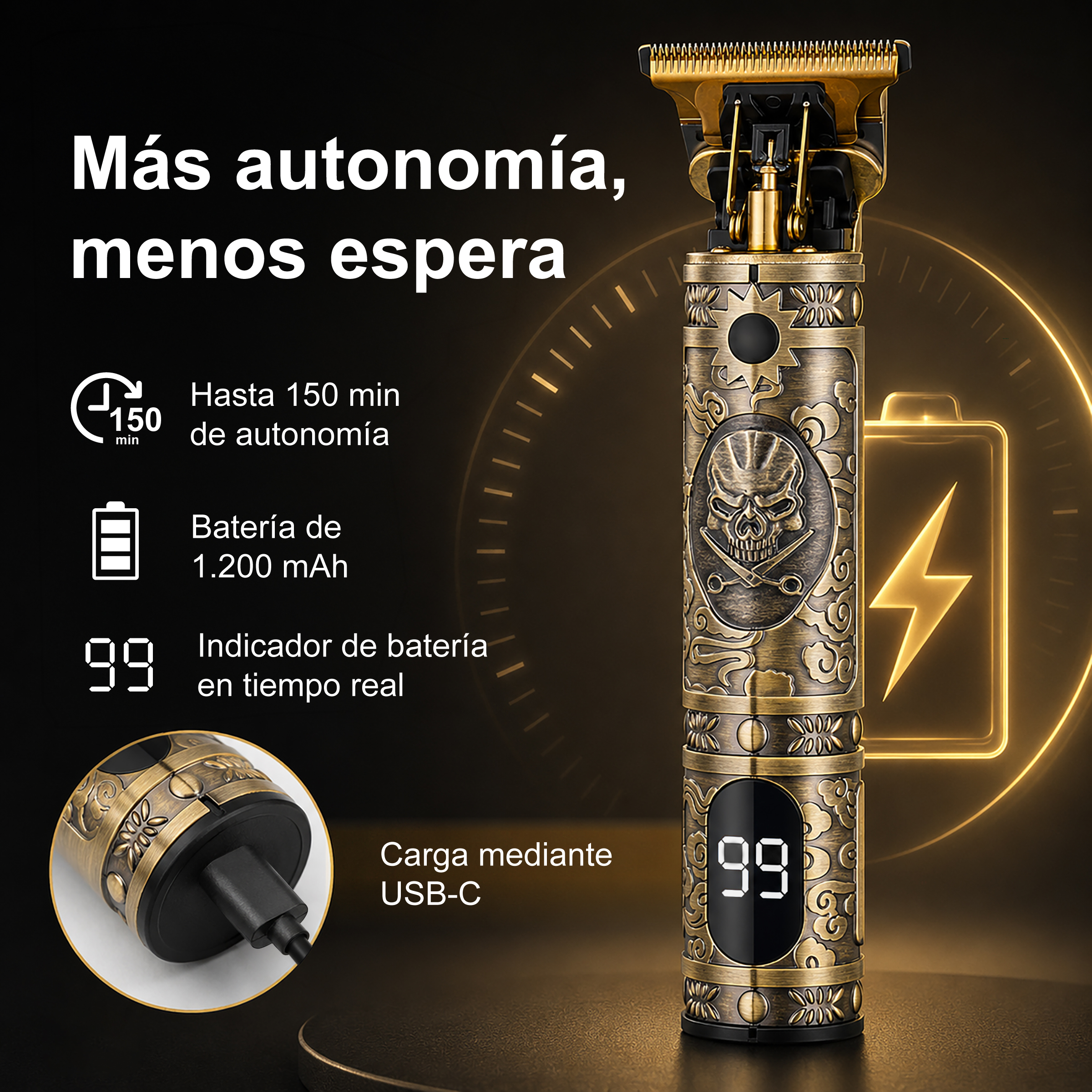 Tagliacapelli dorato con motivo a teschio, display digitale e ricarica USB-C su sfondo scuro.