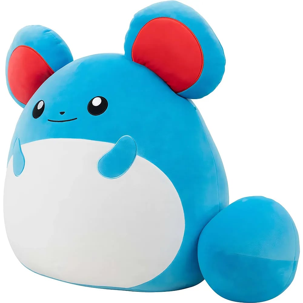 Ein runder, blauer Plüschhase mit großen roten Ohren, weißem Bauch und einer blauen Kugel als Schwanz.