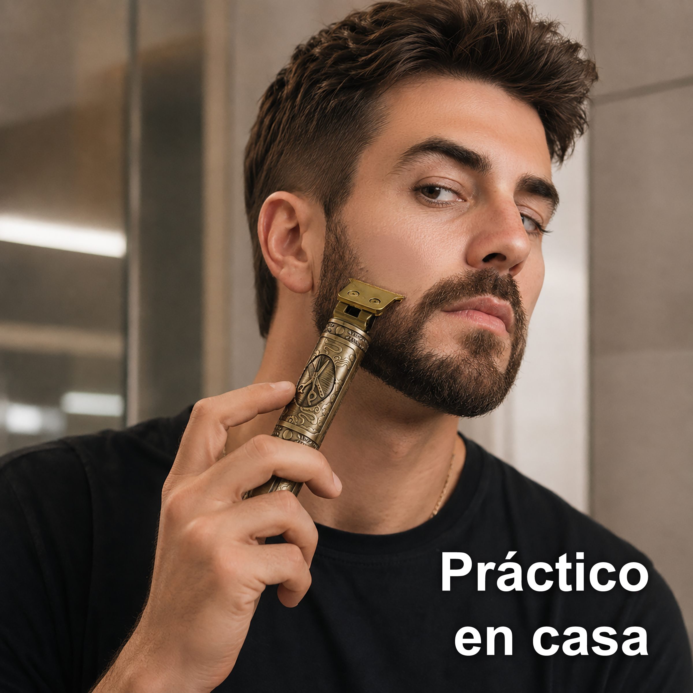 Un uomo che si regola la barba con un rifinitore dorato decorato in bagno.