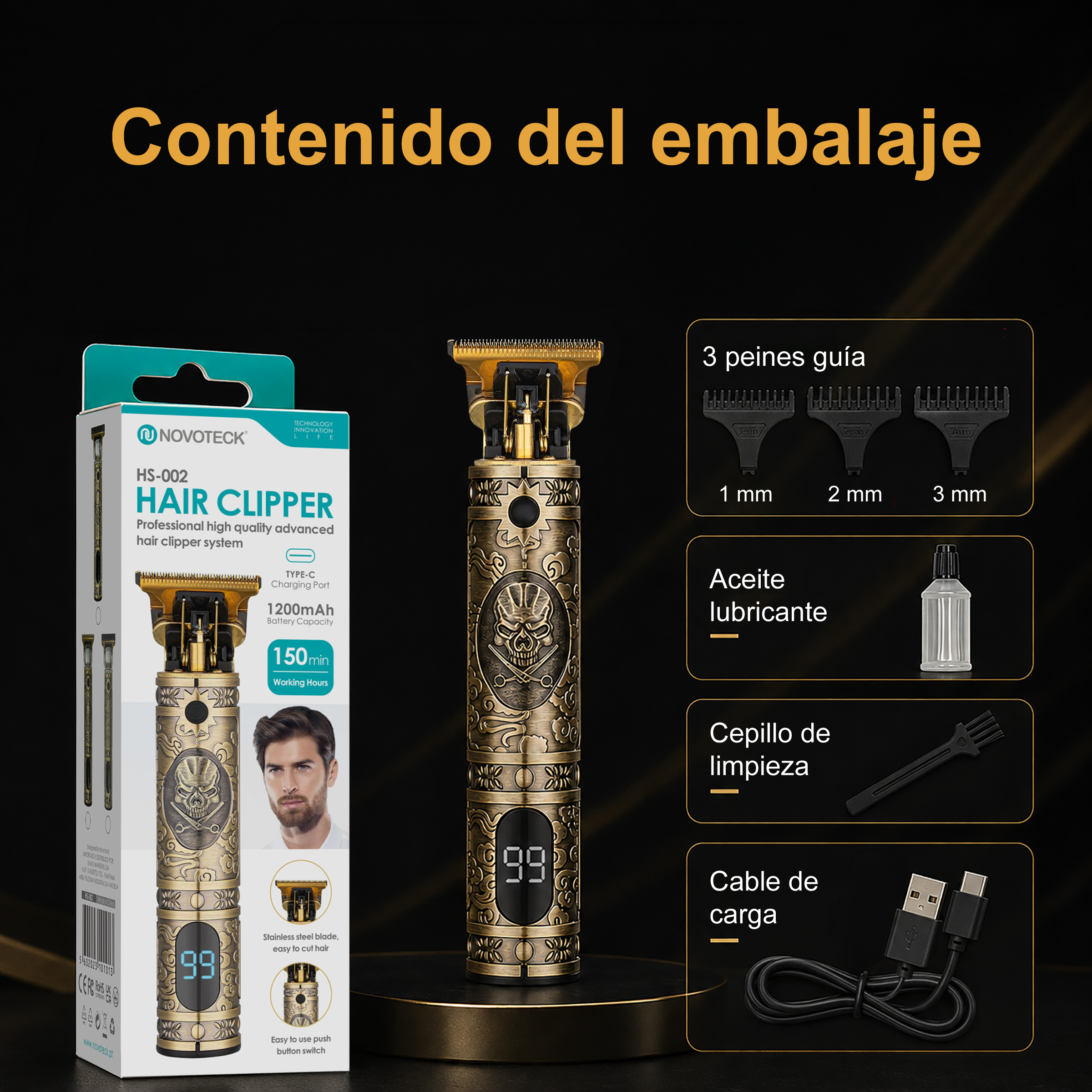 Kit tagliapeli Novoteck con dispositivo dorato, scatola, 3 rialzi, olio, spazzola e cavo.