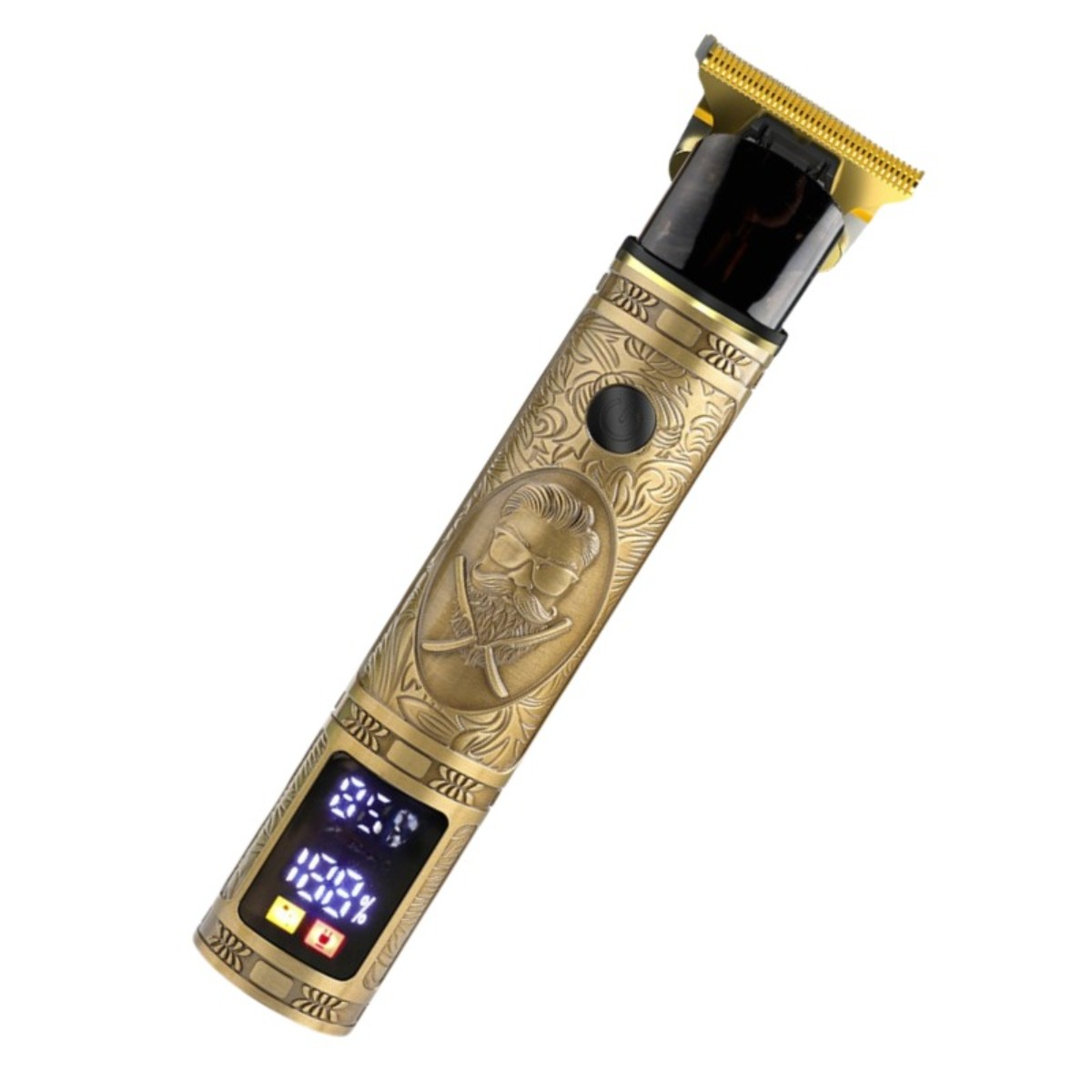 Ein antiker goldener Haarschneider mit Blumenmuster, digitaler Batterieanzeige und T-förmiger Klinge.