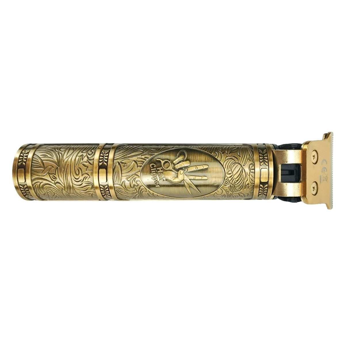 Ein goldener Haarschneider im Vintage-Stil mit floralen Gravuren und einem Hand-mit-Schere-Motiv.