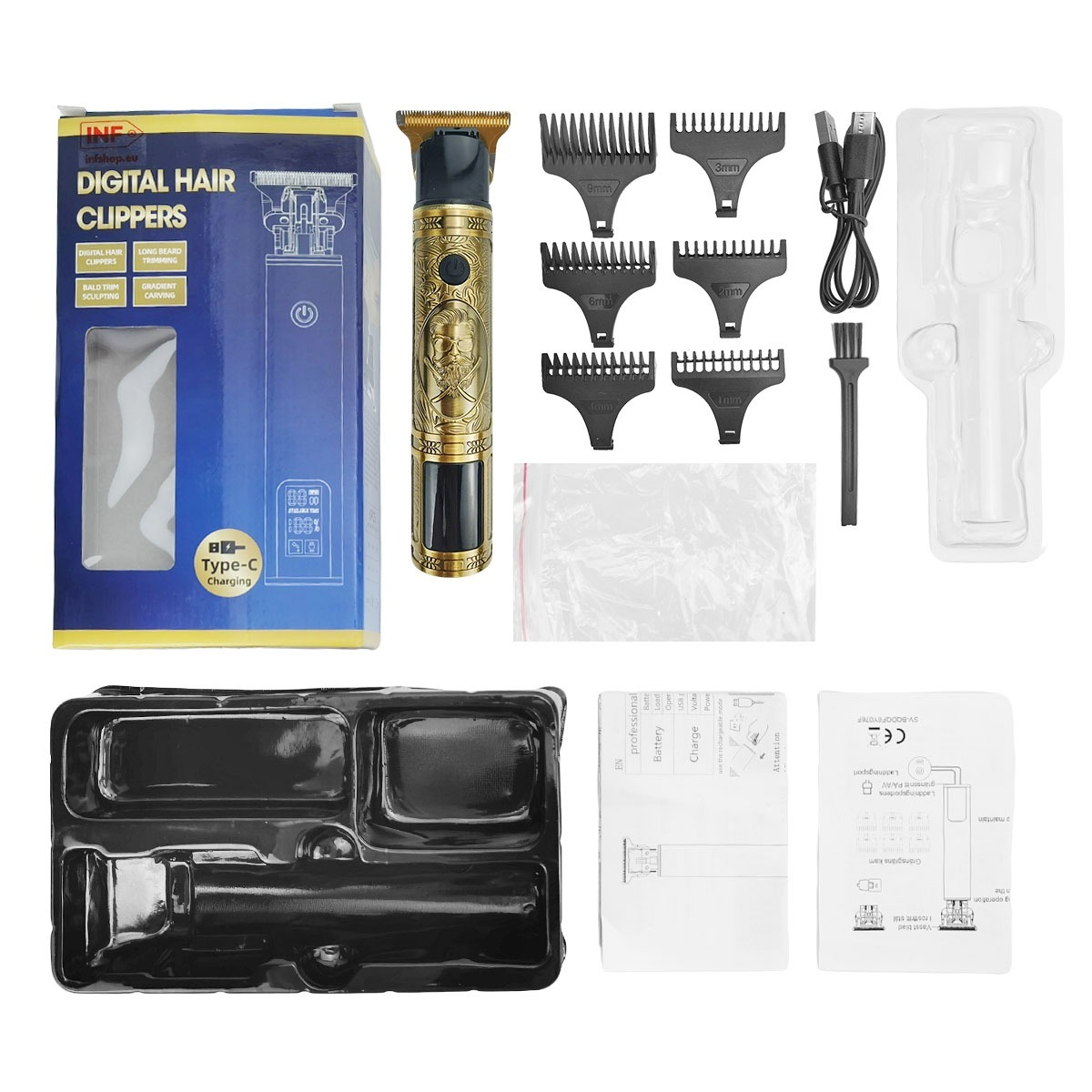 Goldener digitaler Haarschneider mit Schachtel, sechs Kammaufsätzen, USB-Kabel, Bürste und Anleitungen.