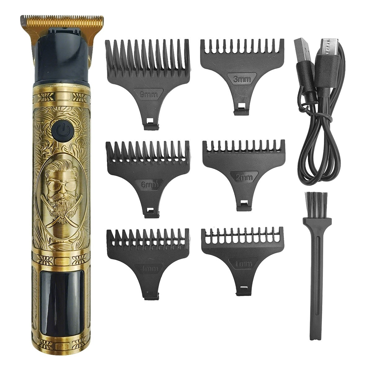 Goldener Haarschneider mit Mustern, sechs Aufsätzen, Ladekabel und Reinigungsbürste.