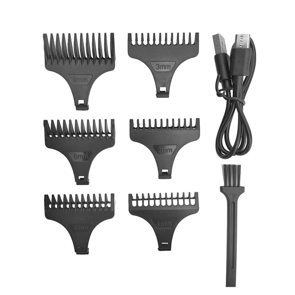 Sechs schwarze Haarschneidungs-Aufsteckkämme, ein USB-Ladekabel und eine Reinigungsbürste.