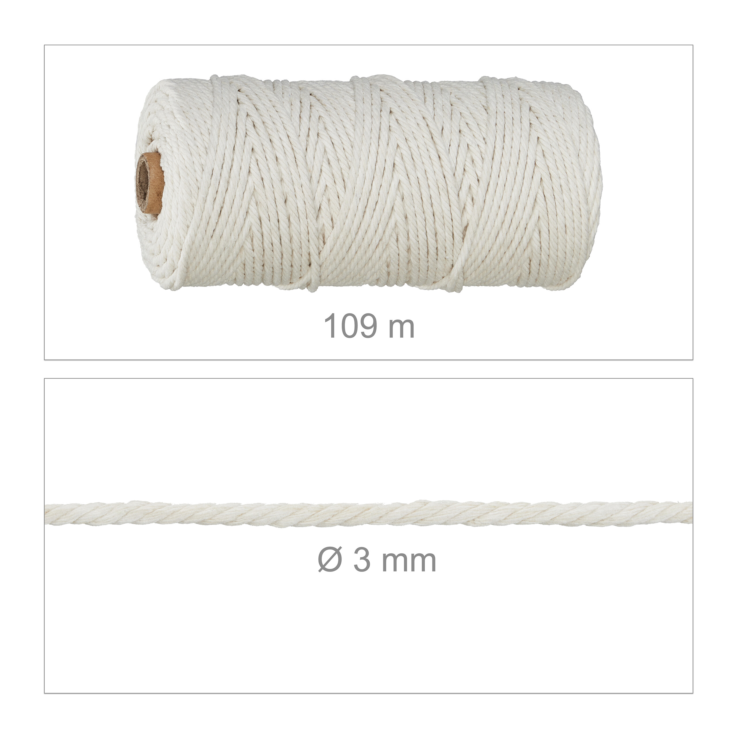 Eine Spule weißes, 3 mm dickes Makramee-Garn, 109 Meter lang.