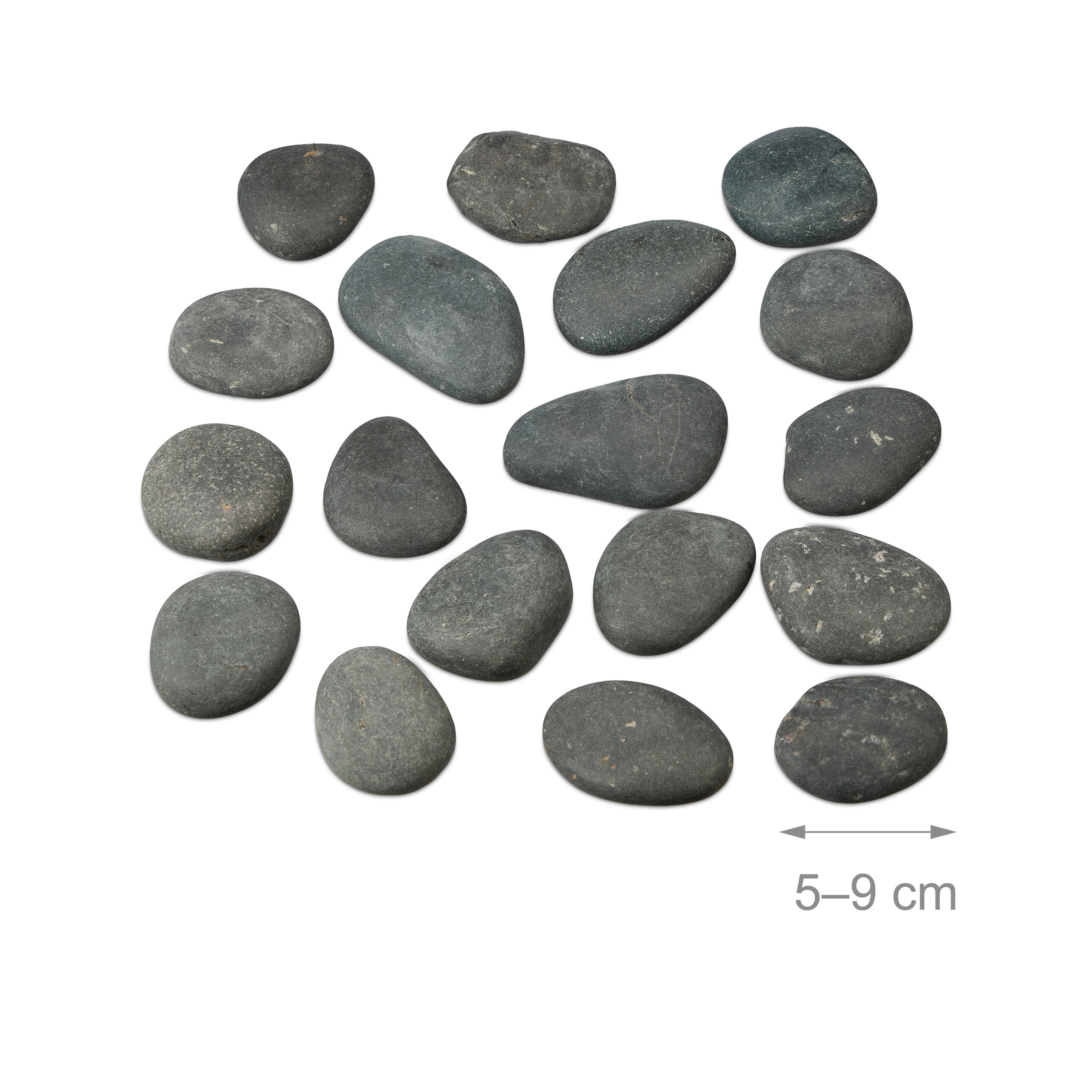 Sechzehn dunkelgraue, glatte Steine mit 5-9 cm Maßangabe.