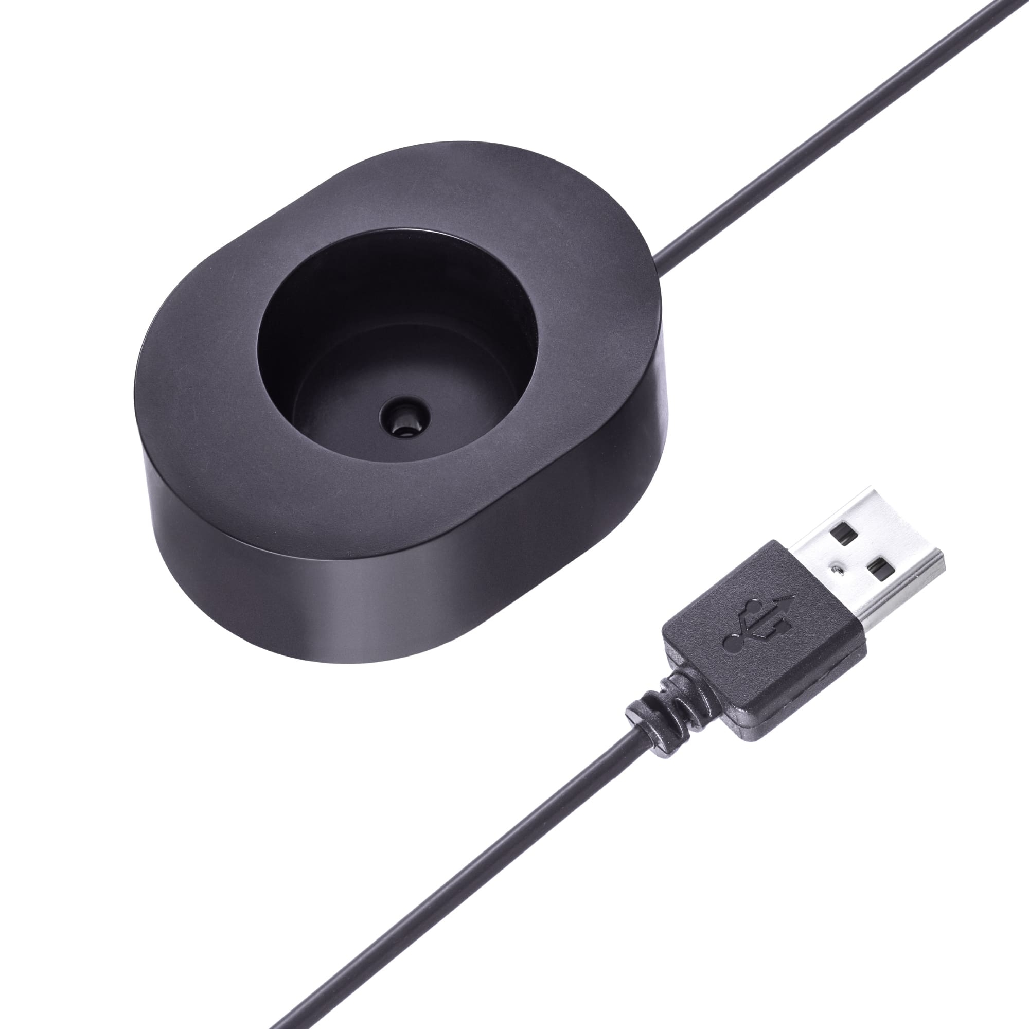 Czarna okrągła stacja ładująca z dołączonym kablem USB na białym tle.