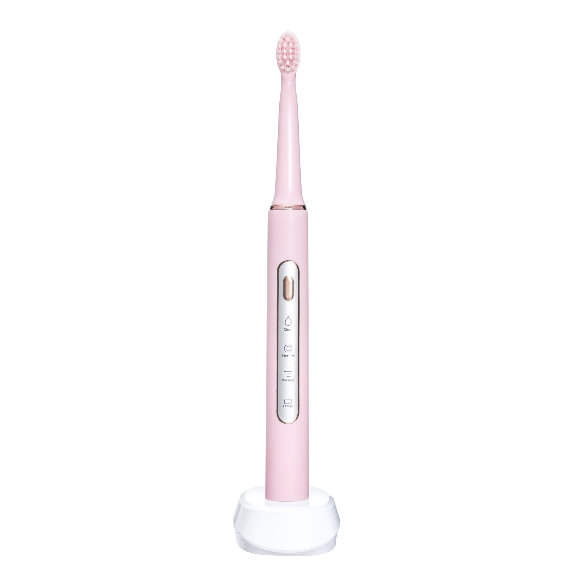 Uno spazzolino elettrico rosa si trova su una base di ricarica bianca su sfondo bianco.
