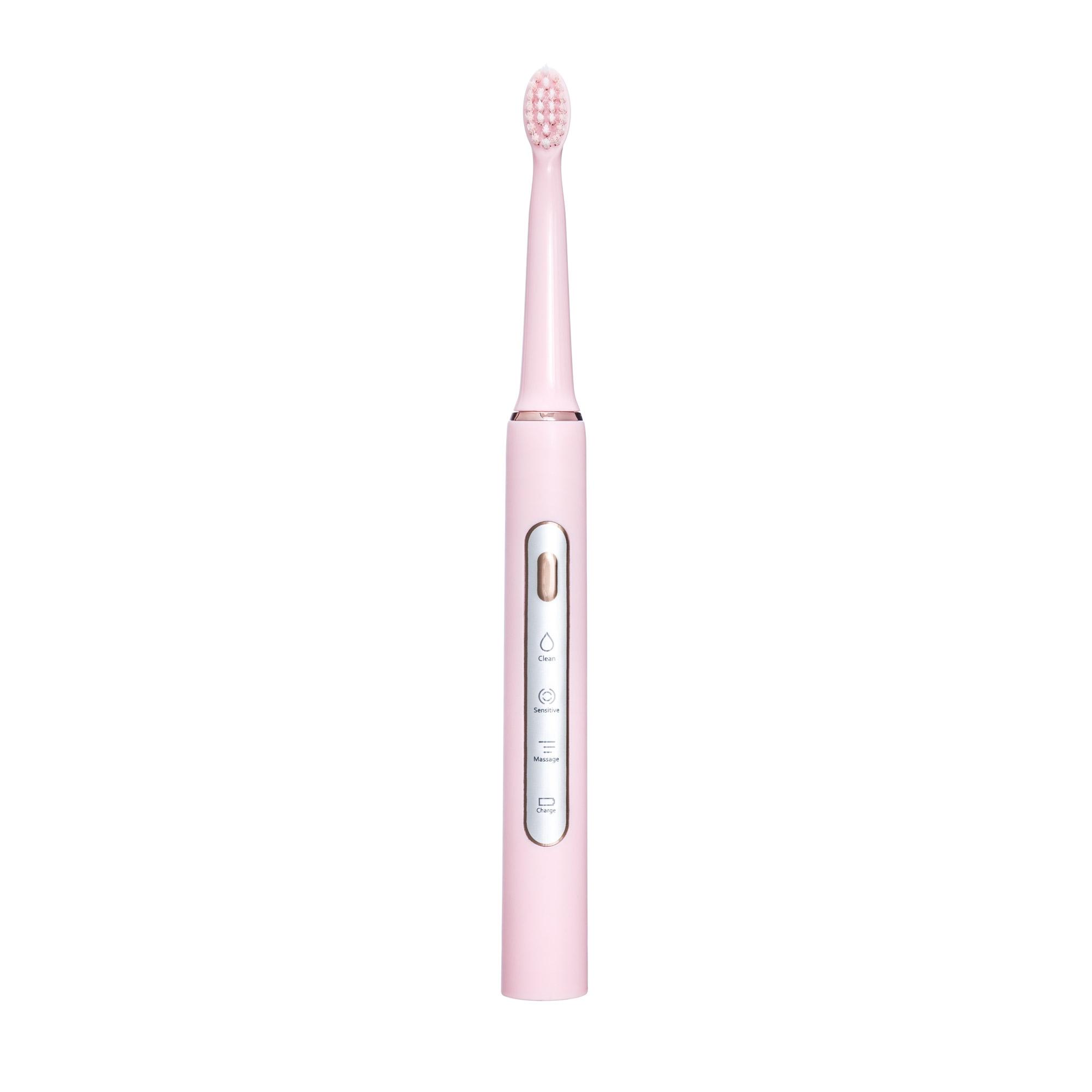 Un elegante spazzolino elettrico rosa con indicatori di modalità su sfondo bianco.