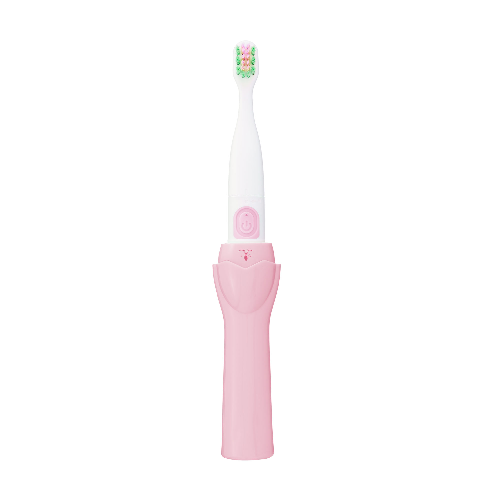Uno spazzolino elettrico rosa e bianco con disegno di animale su sfondo bianco.