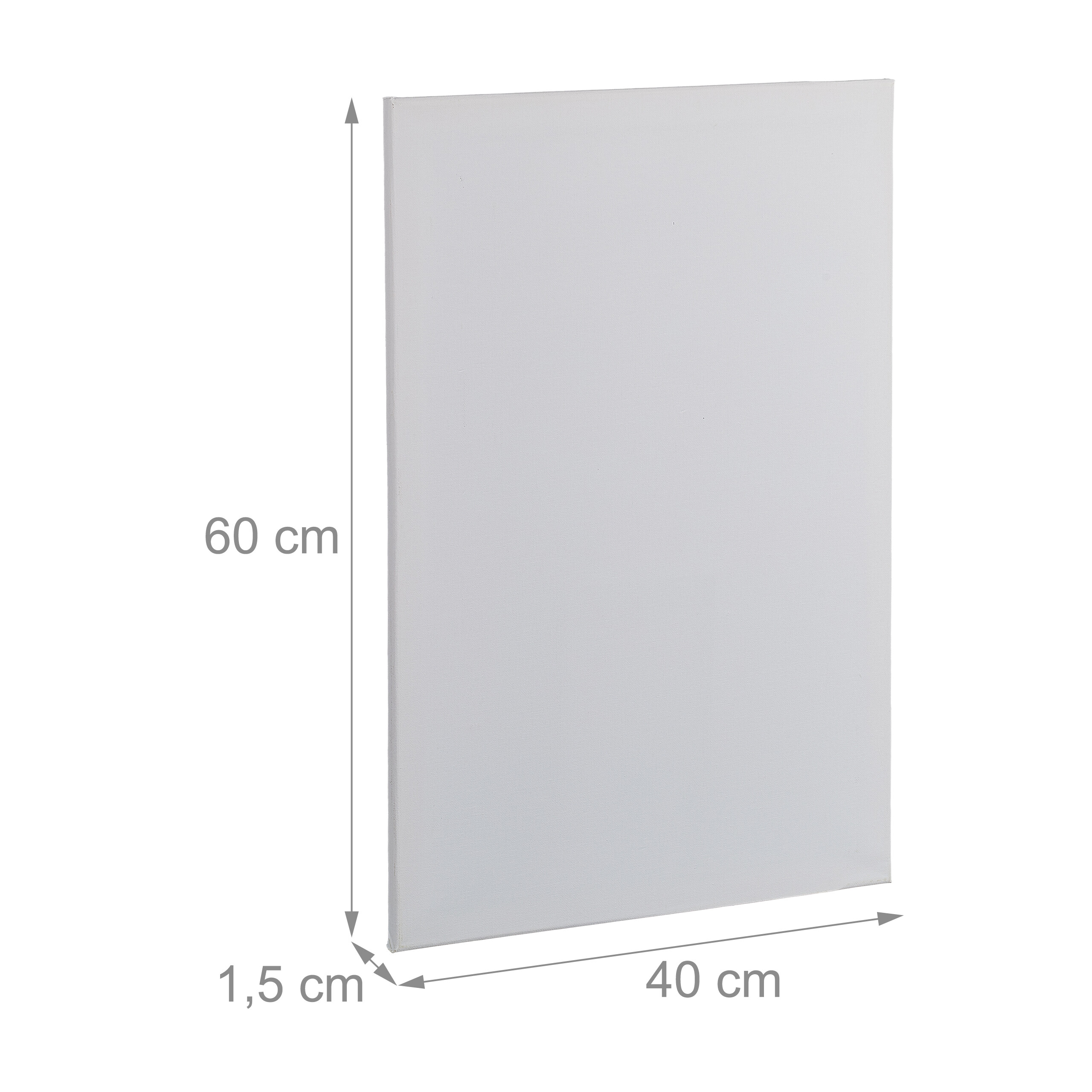 Eine weiße Leinwand mit Abmessungen: 60 cm Höhe, 40 cm Breite und 1,5 cm Tiefe.