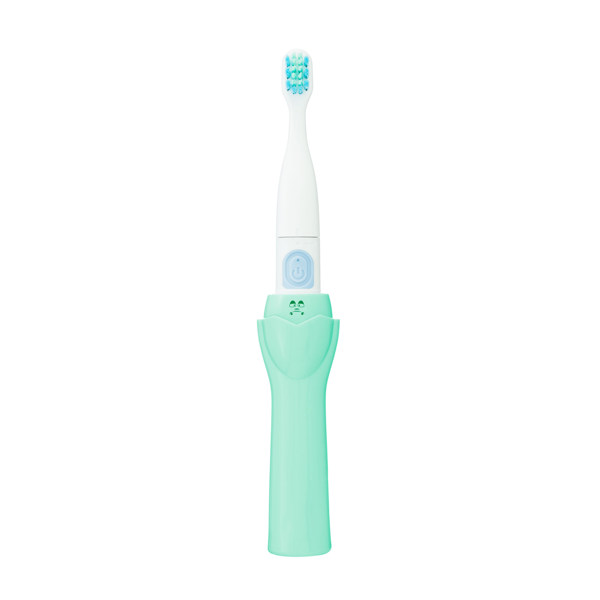 Uno spazzolino elettrico per bambini bianco e verde menta con un viso amichevole sul manico.
