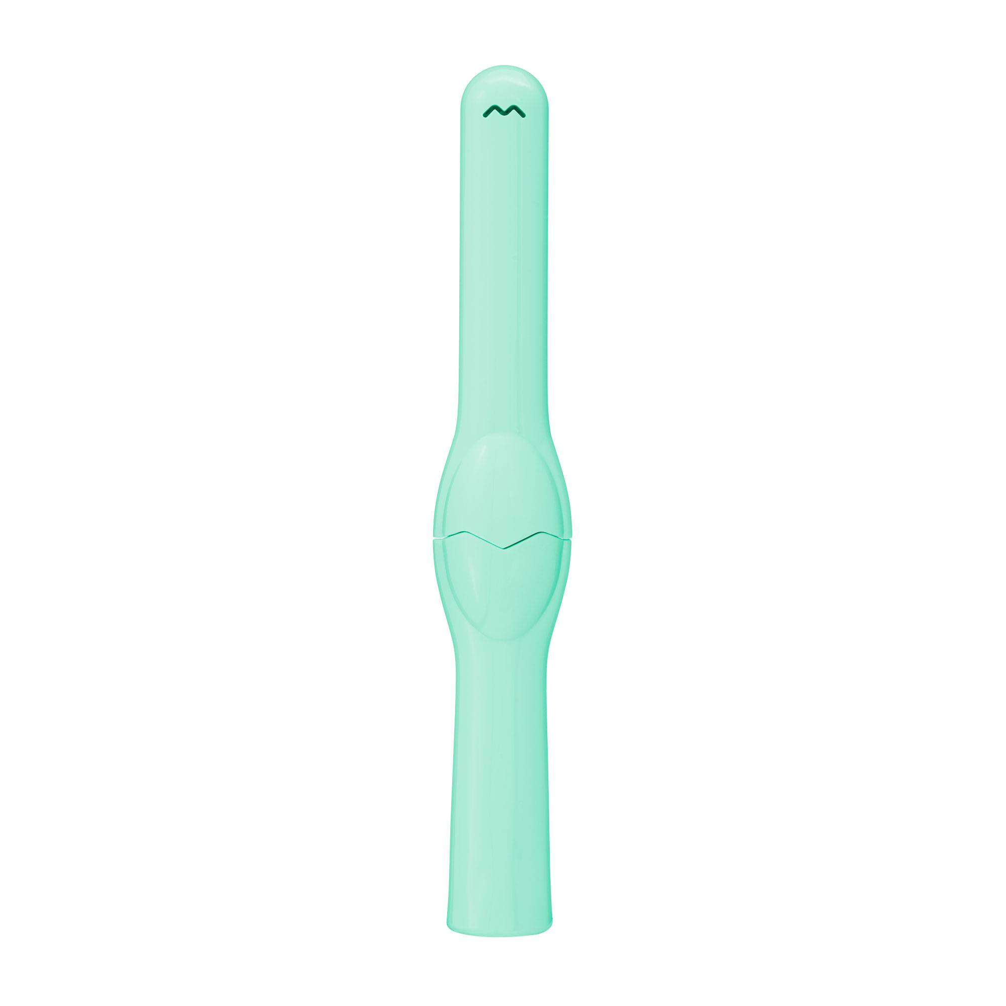 Un oggetto allungato in plastica verde menta con estremità arrotondate e una forma curva al centro.