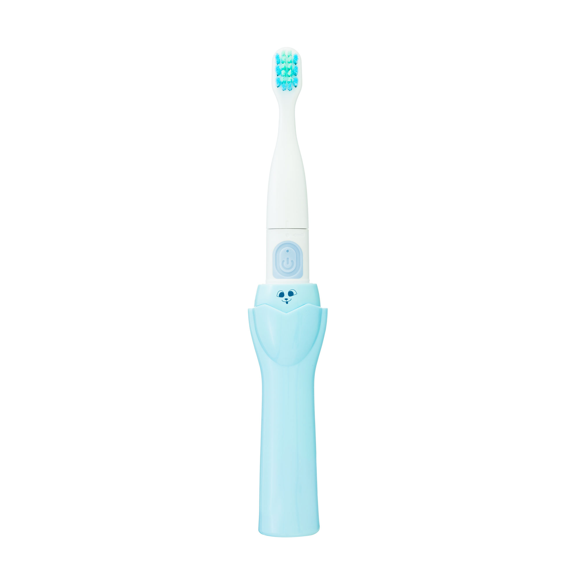 Uno spazzolino elettrico per bambini bianco e azzurro con un musetto di animale sul manico su sfondo bianco.