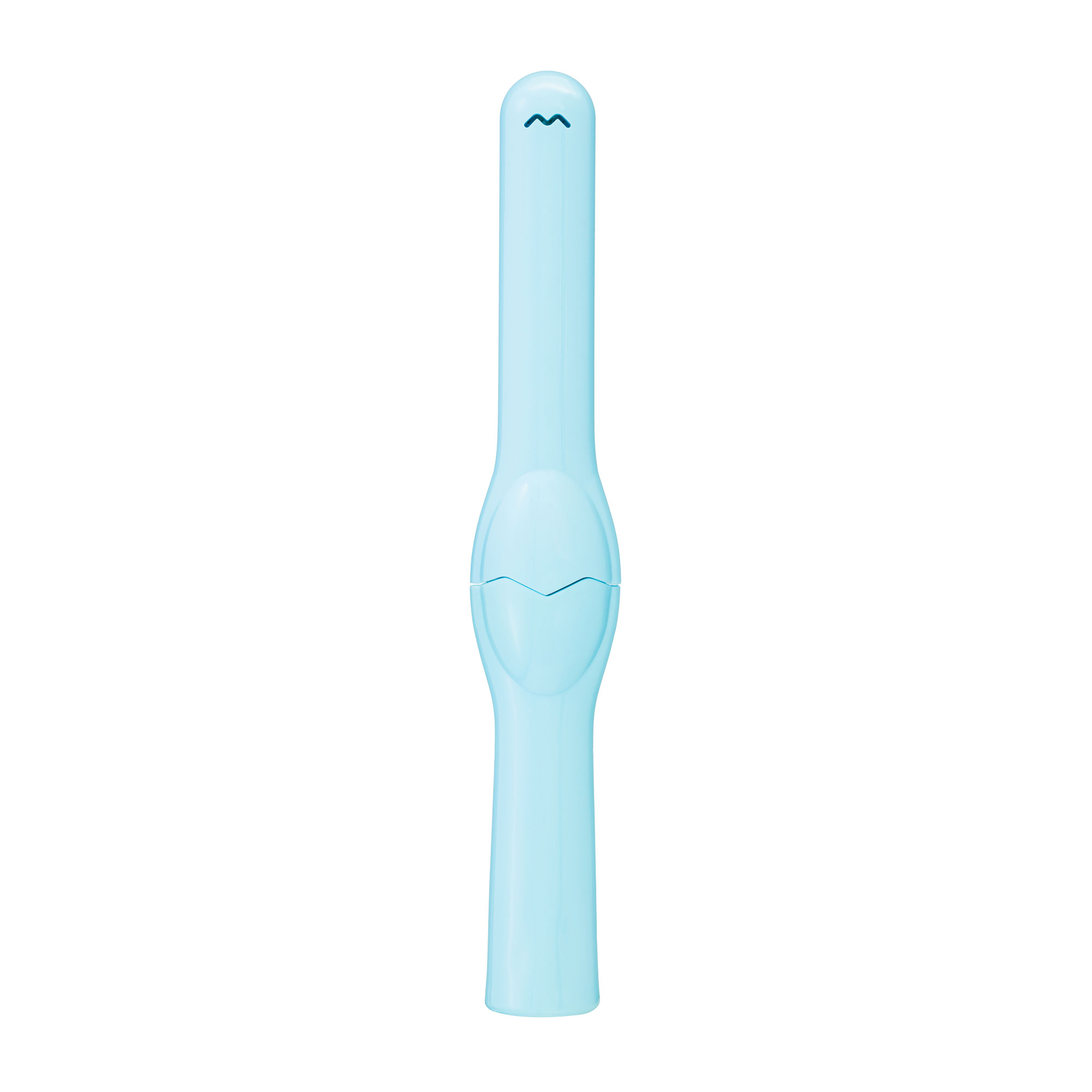 Un sottile utensile di plastica azzurro con un simbolo ondulato su sfondo bianco.