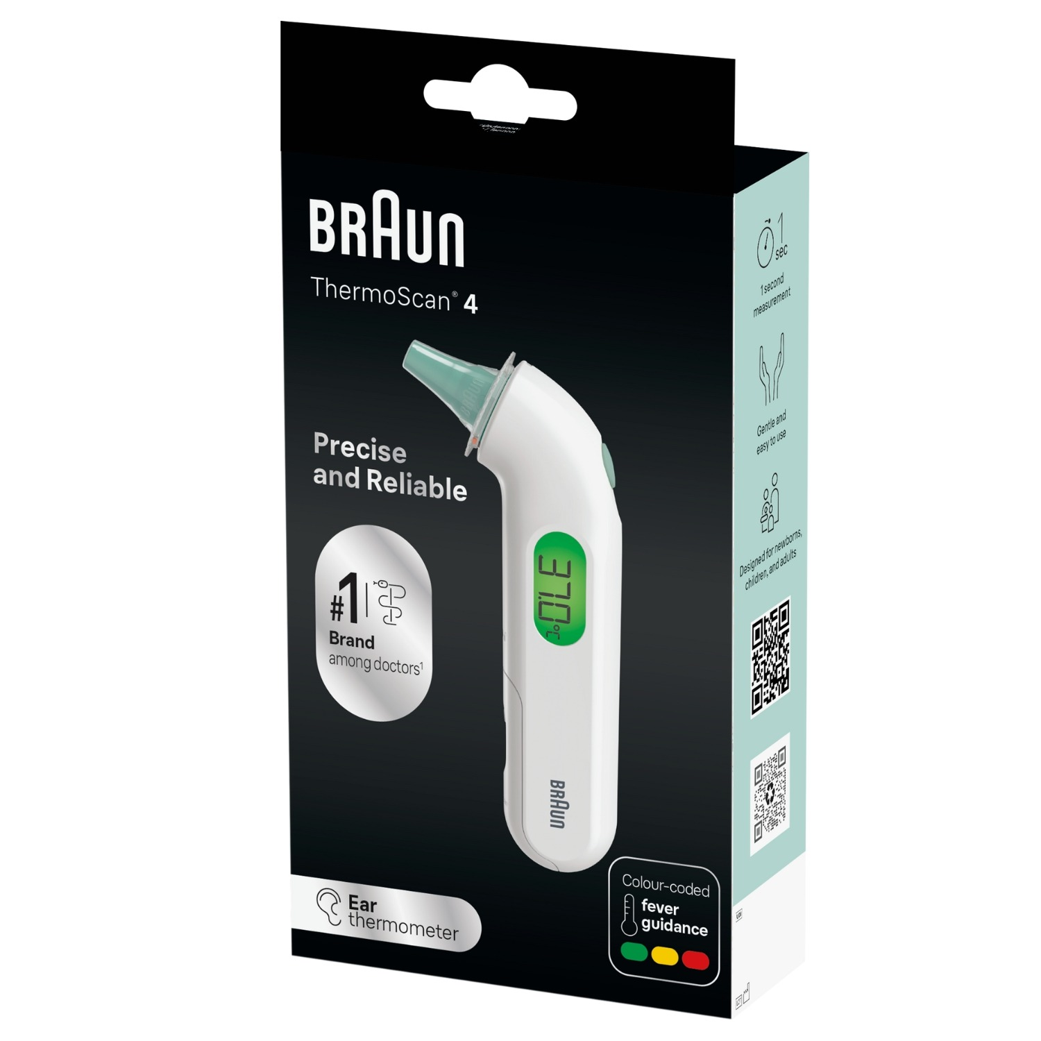 Termometr do uszu Braun ThermoScan 4 w opakowaniu z cyfrowym ekranem.
