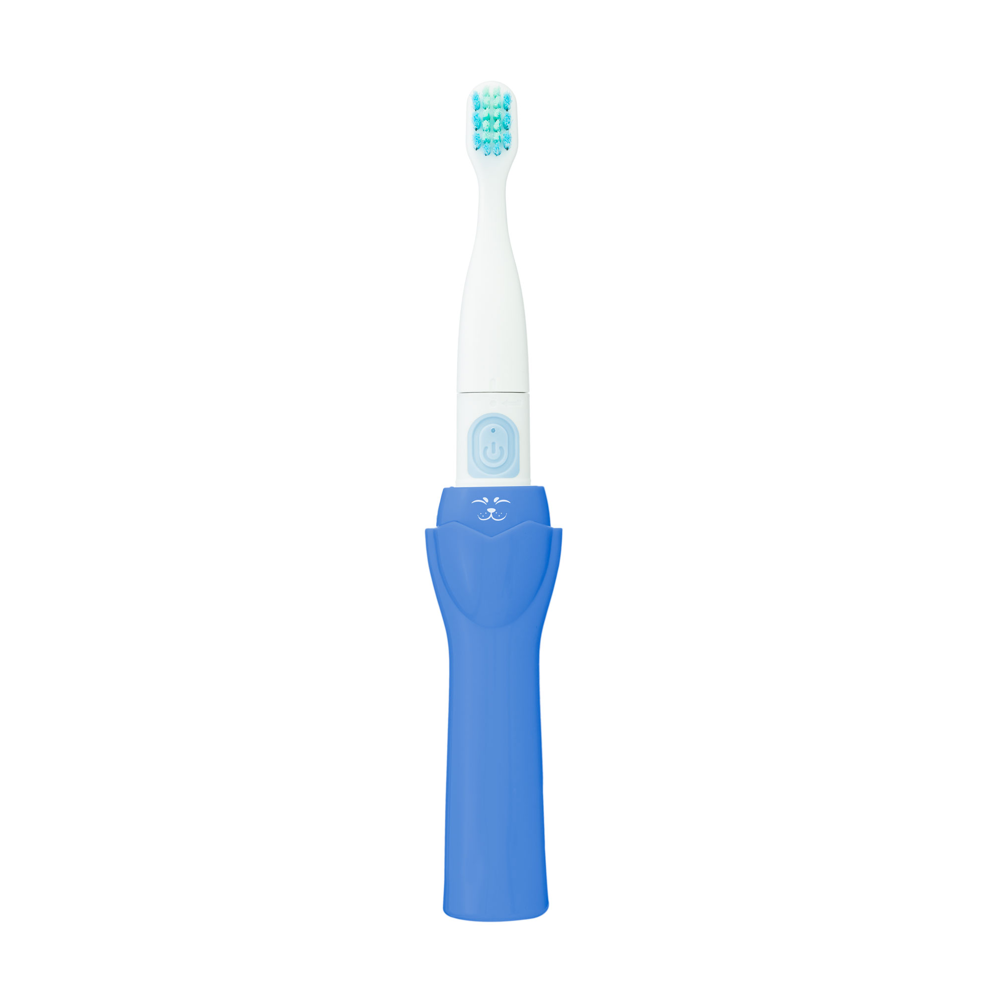 Uno spazzolino elettrico per bambini bianco e blu con un muso di animale sul manico, su sfondo bianco.