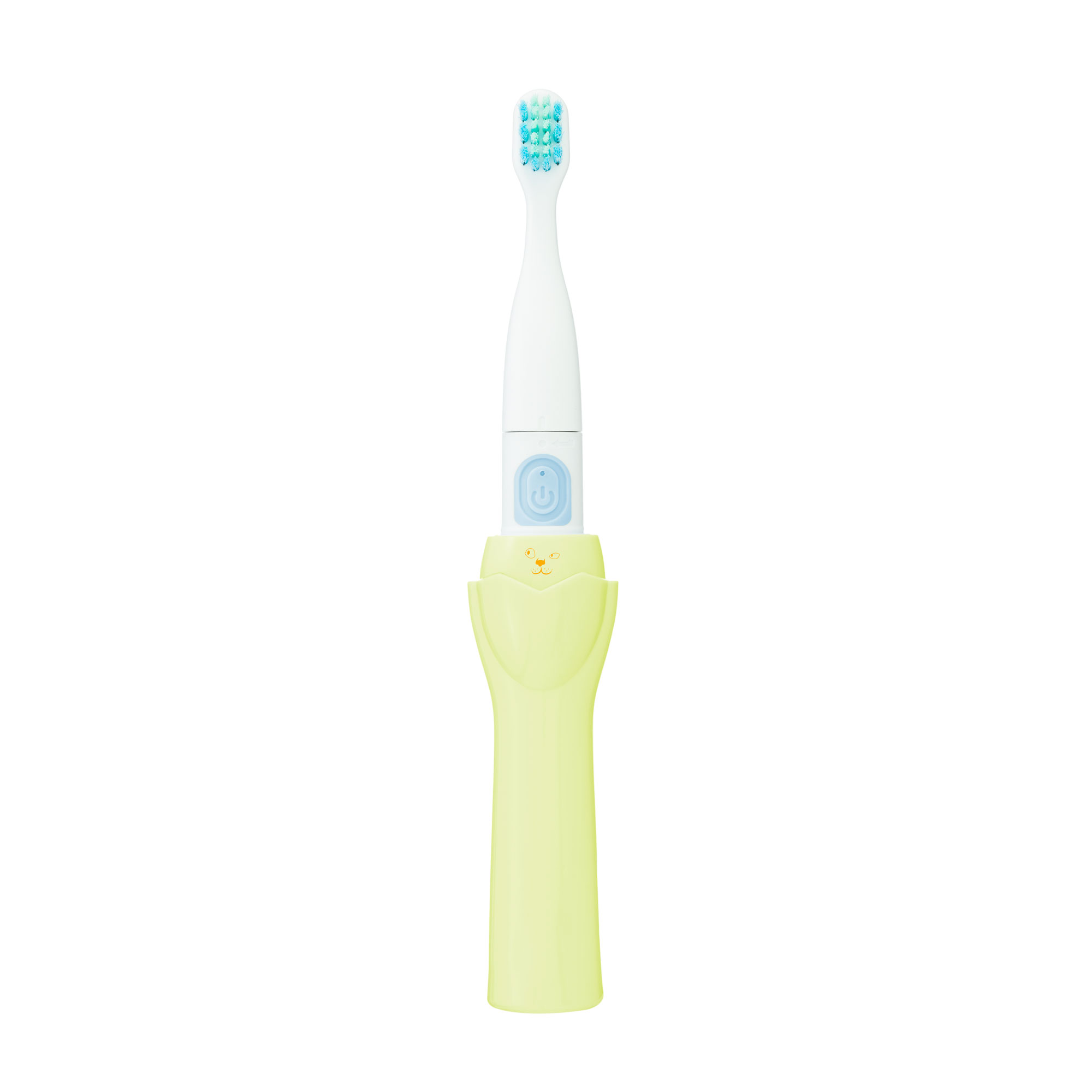 Uno spazzolino elettrico con testina bianca, setole azzurre e corpo verde chiaro su sfondo bianco.