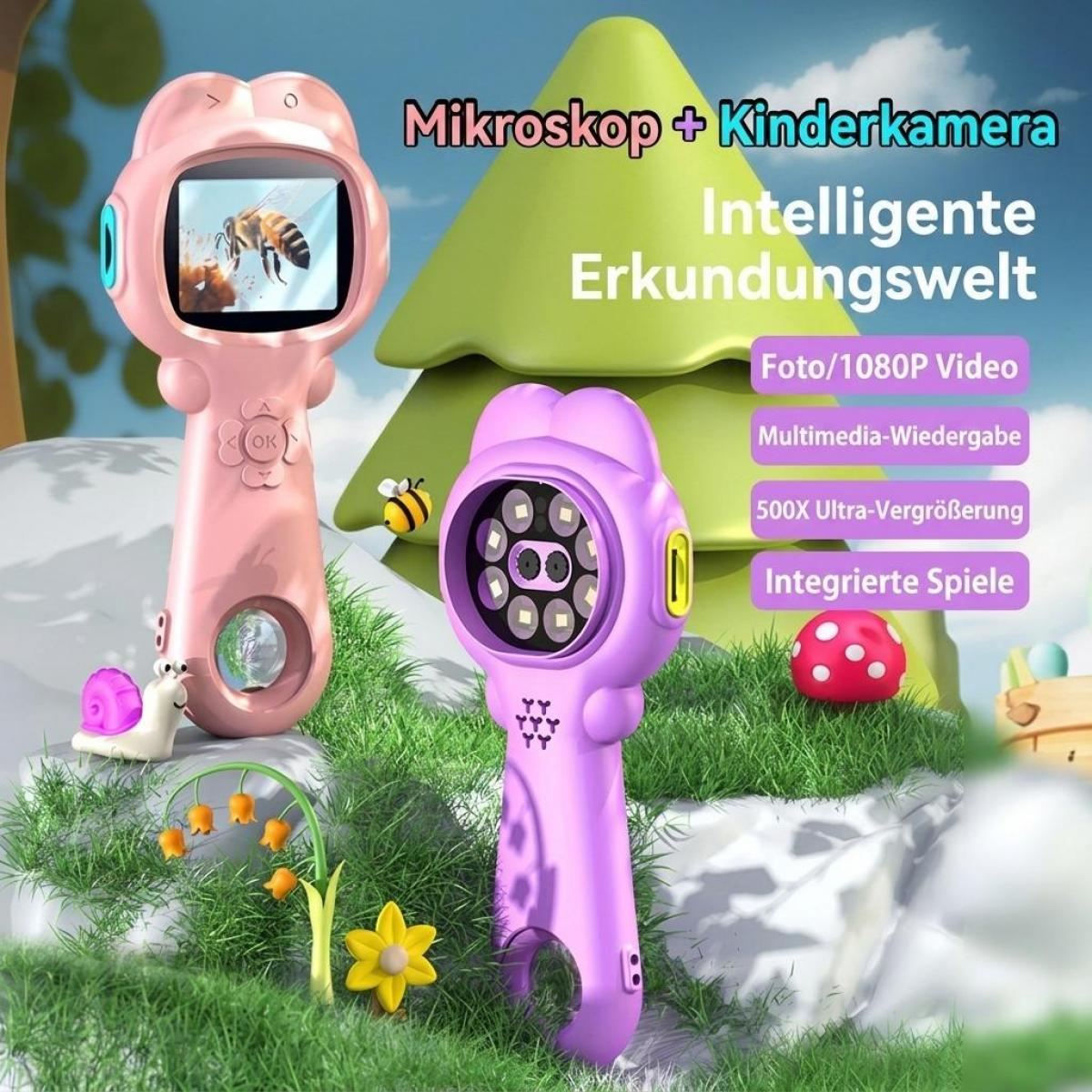 Rosa und lila Kinder-Mikroskop und -Kamera vor einer grünen Naturlandschaft mit Textfeldern.