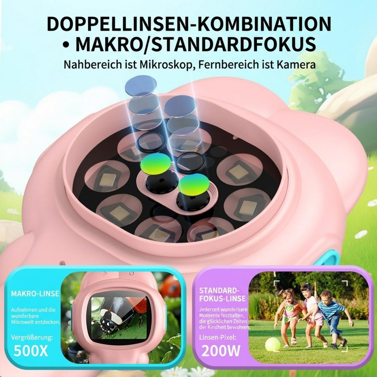 Rosa Kinderkamera mit Doppellinse für Makro- und Standardfokus, mit Insets für 500x Makro und 200W Standard.
