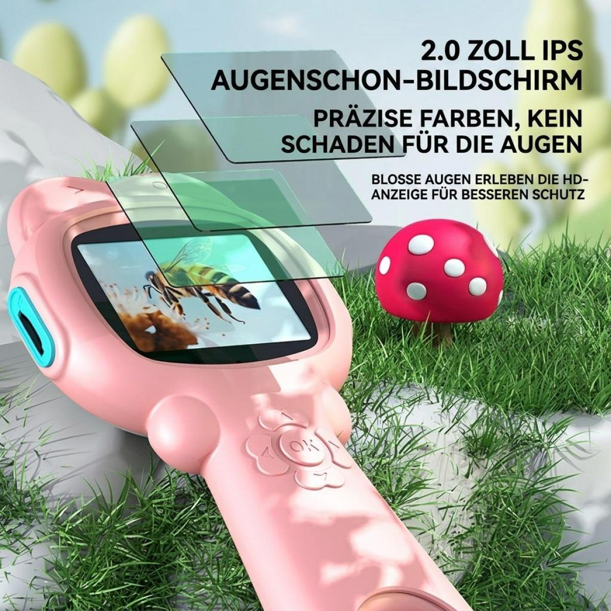Rosa Kinderspielzeugkamera mit Display, das eine Biene zeigt, auf Gras mit rotem Pilz und deutschem Werbetext.