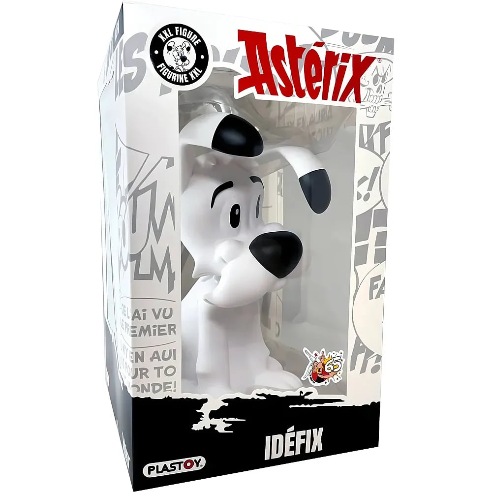 Eine weiße Vinyl-Figur von Idefix aus Asterix in einer dekorierten Sammlerbox mit dem Namen Idéfix.