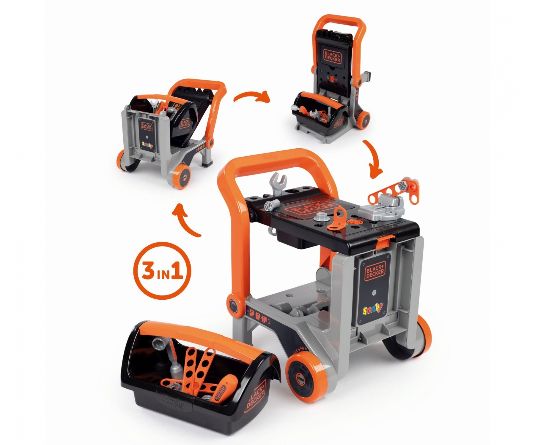 Ein Schwarzkopf- und Decken-Spielzeugwerkzeugset im 3-in-1-Design, das sich in einen Wagen, eine Werkbank und einen Koffer verwandelt.