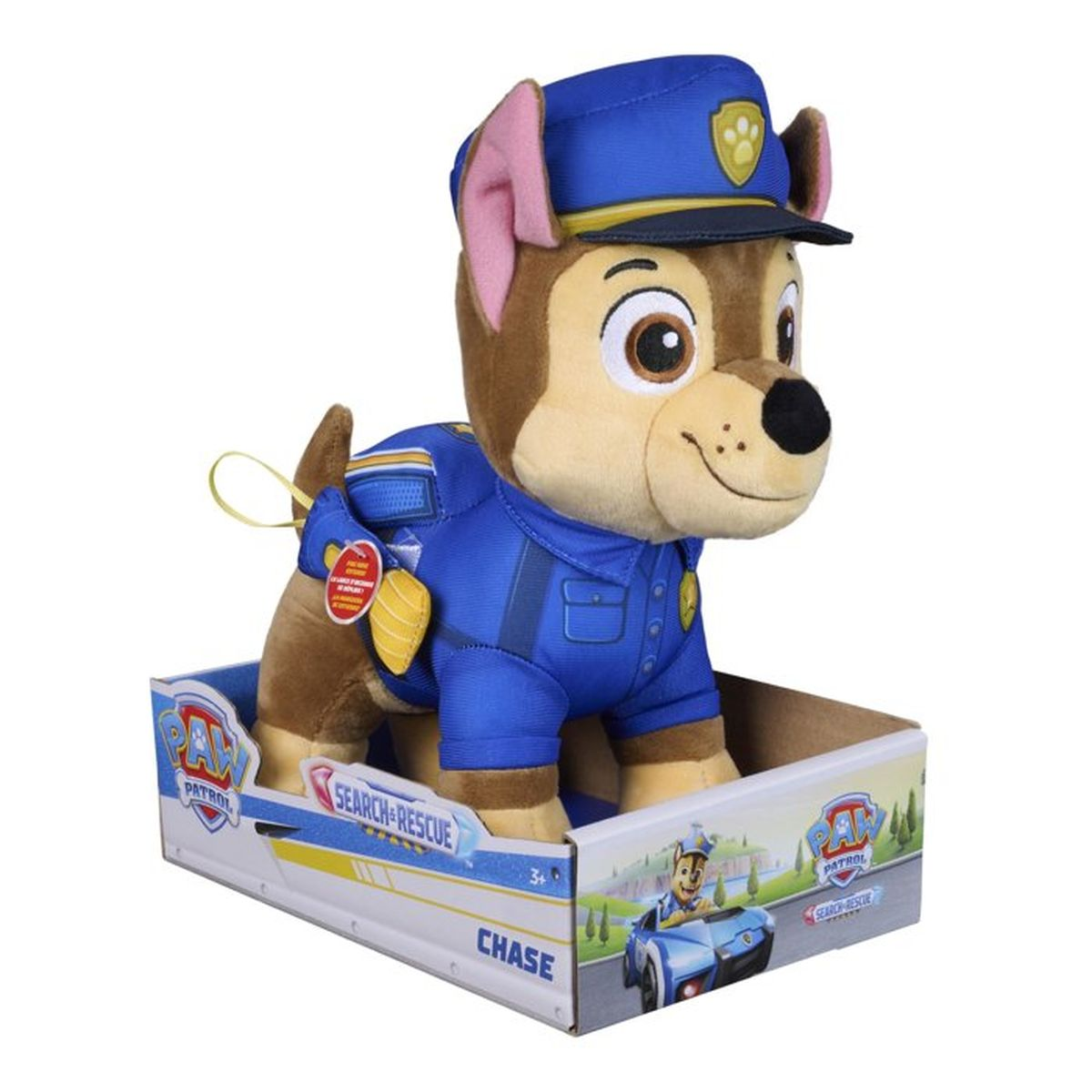Ein Chase Plüschtier von Paw Patrol in der Box, in blauer Polizeiuniform und passendem Hut.