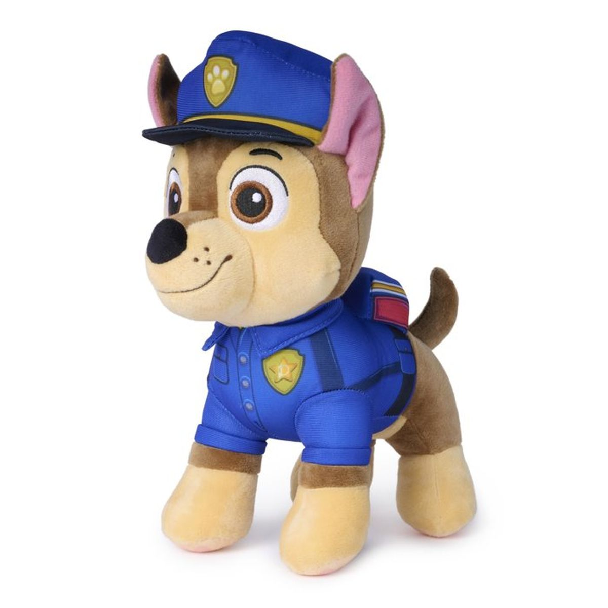 Ein Plüschtier von Chase aus Paw Patrol in blauer Polizeiuniform und Mütze vor weißem Hintergrund.
