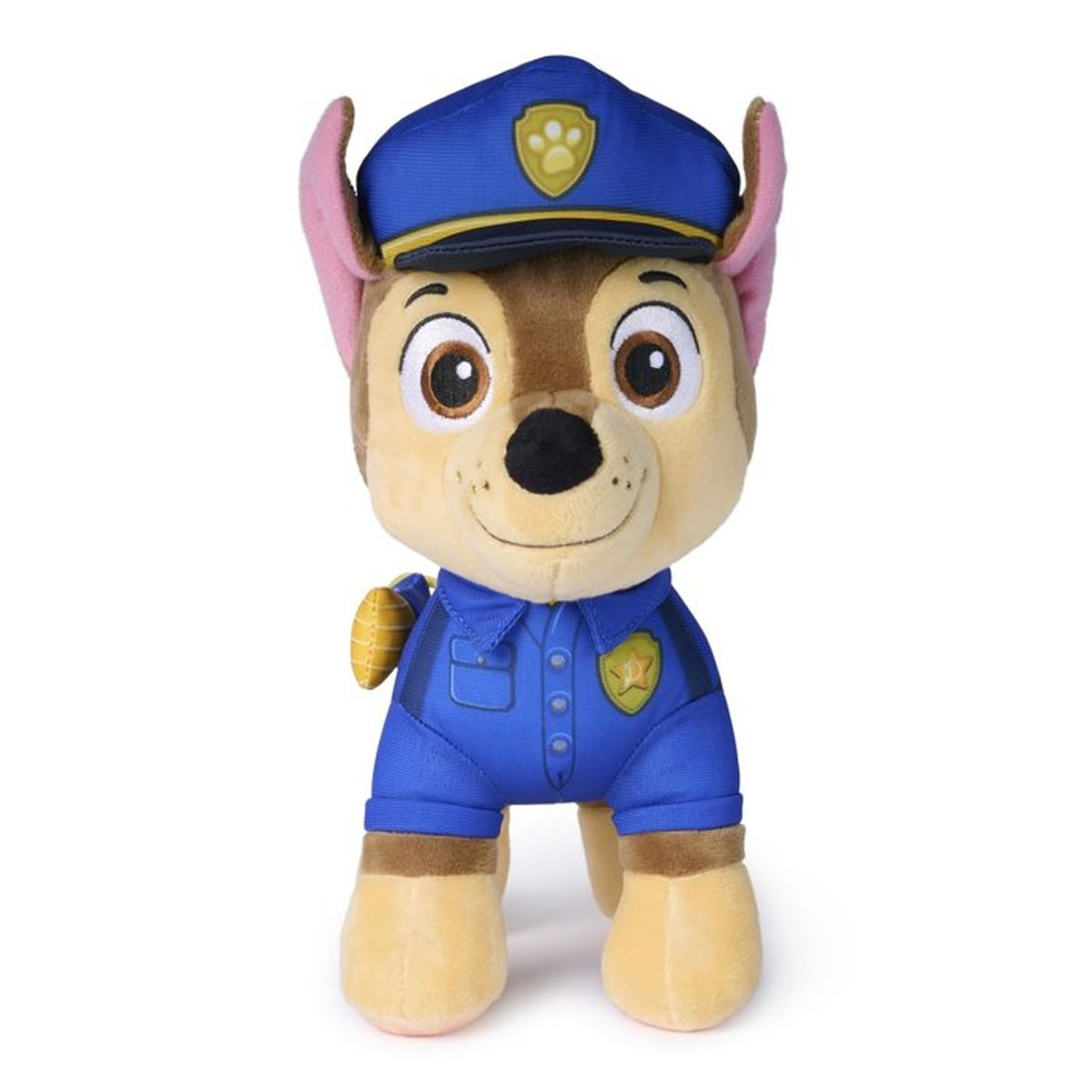 Ein Stofftier von Chase aus Paw Patrol in blauer Polizeirüstung und Mütze.