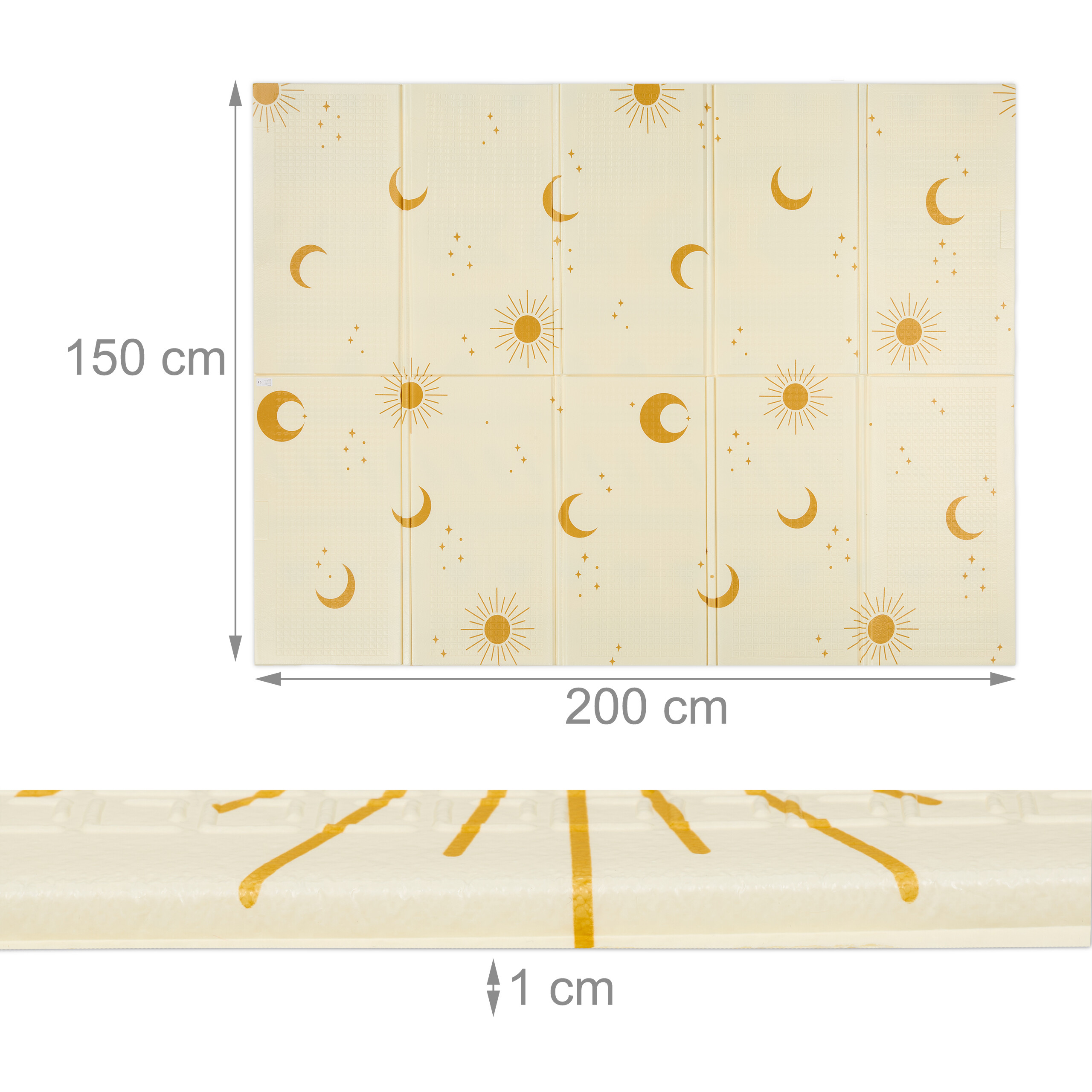 Beigefarbene Spielmatte mit goldenen Sternen, Monden und Sonnen, 200x150x1 cm.