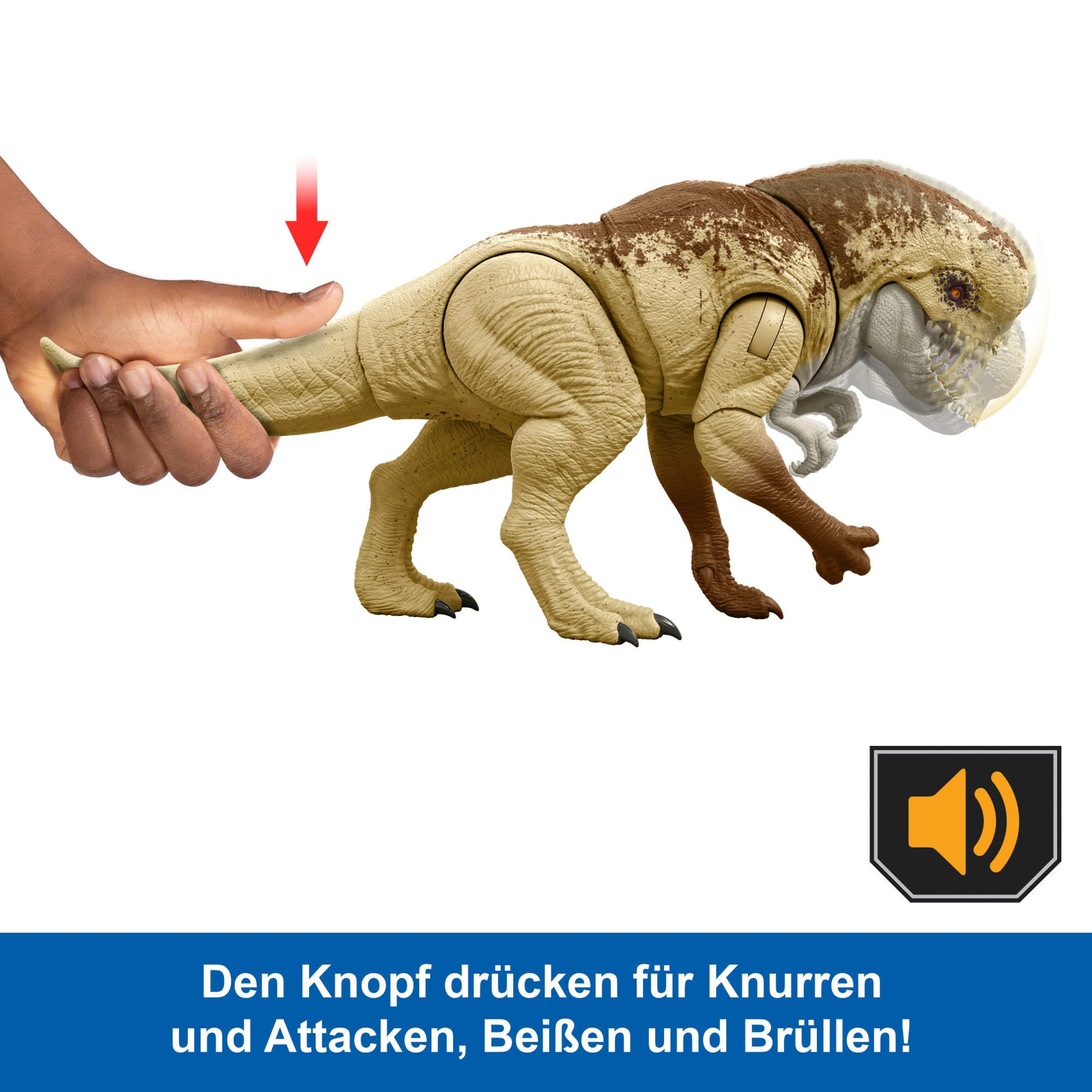 Eine Hand bewegt den Schwanz eines Dinosaurierspielzeugs, das den Kopf dreht.