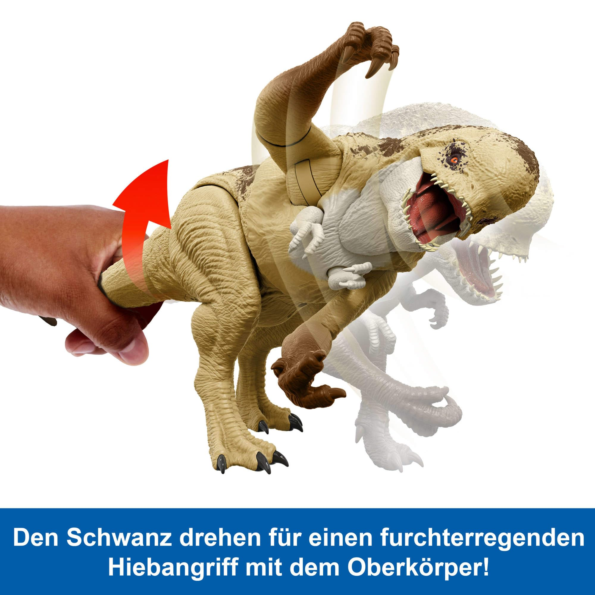 Eine Hand dreht den Schwanz der Dinosaurier-Spielfigur, die den Oberkörper bewegt.