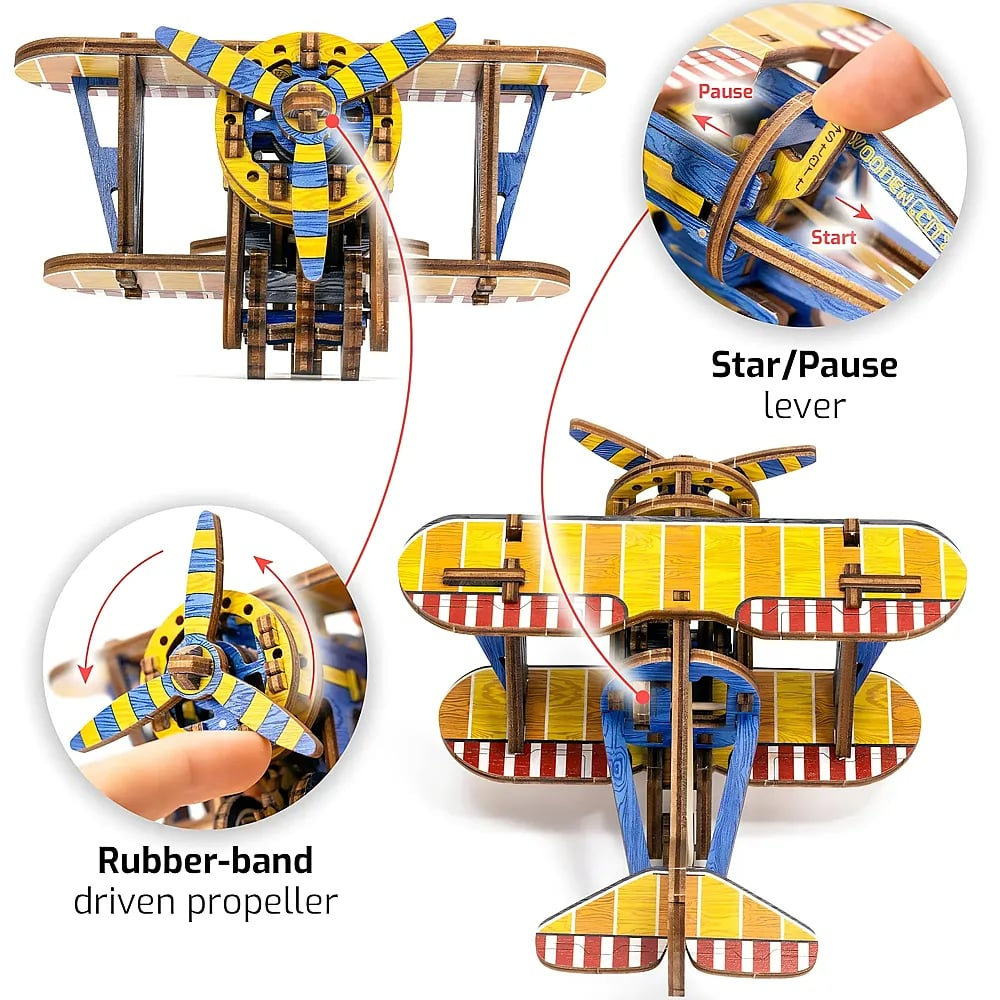 Holzmodell eines Flugzeugs mit Gummibandpropeller und Start-Stopp-Hebel.