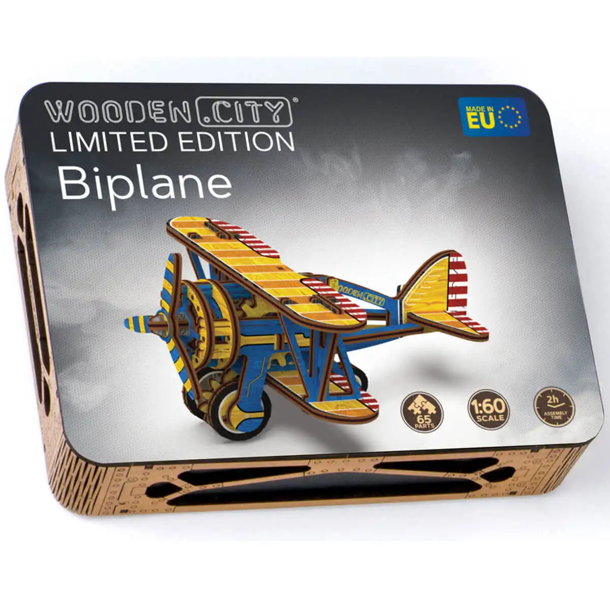 Verpackung eines Holz-Doppeldecker-Modells von Wooden City mit blauen und gelben Akzenten.